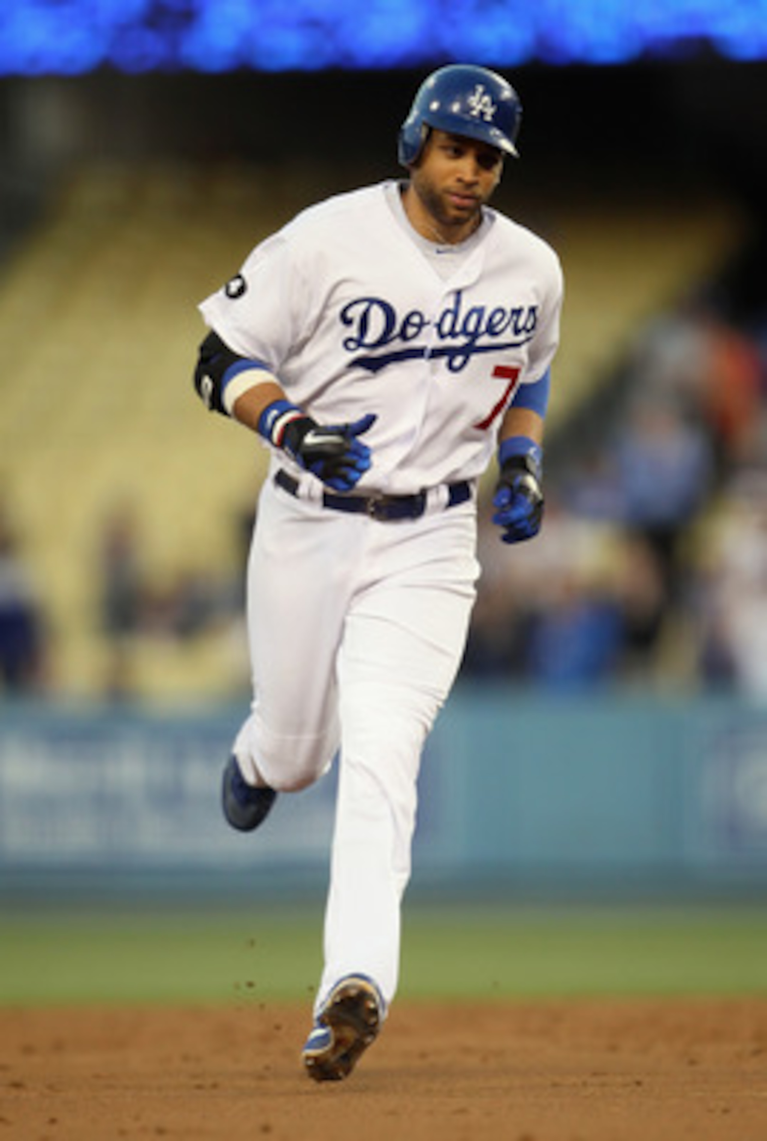 LOS ANGELES, CA - MAY 27:  James Loney #7 of the Los Angeles Dodgers rounds second base after hitting a solo home run against the Florida Marlins in the second inning at Dodger Stadium on May 27, 2011 in Los Angeles, California.  (Photo by Jeff Gross/Gett