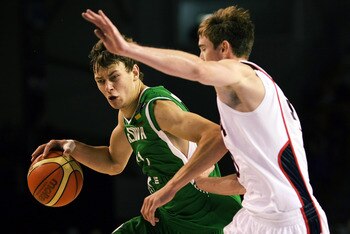 AUCKLAND, NEW ZEALAND - JULY 08: Donatas Motiejunas of Lithuania tries to get past Gordon Hayward of the United States defends during the U19 Basketball World Championships match between the United States and Lithuania at North Shore Events Centre on Jul AUCKLAND, NEW ZEALAND - JULY 08: Donatas Motiejunas of Lithuania tries to get past Gordon Hayward of the United States defends during the U19 Basketball World Championships match between the United States and Lithuania at North Shore Events Centre on Jul