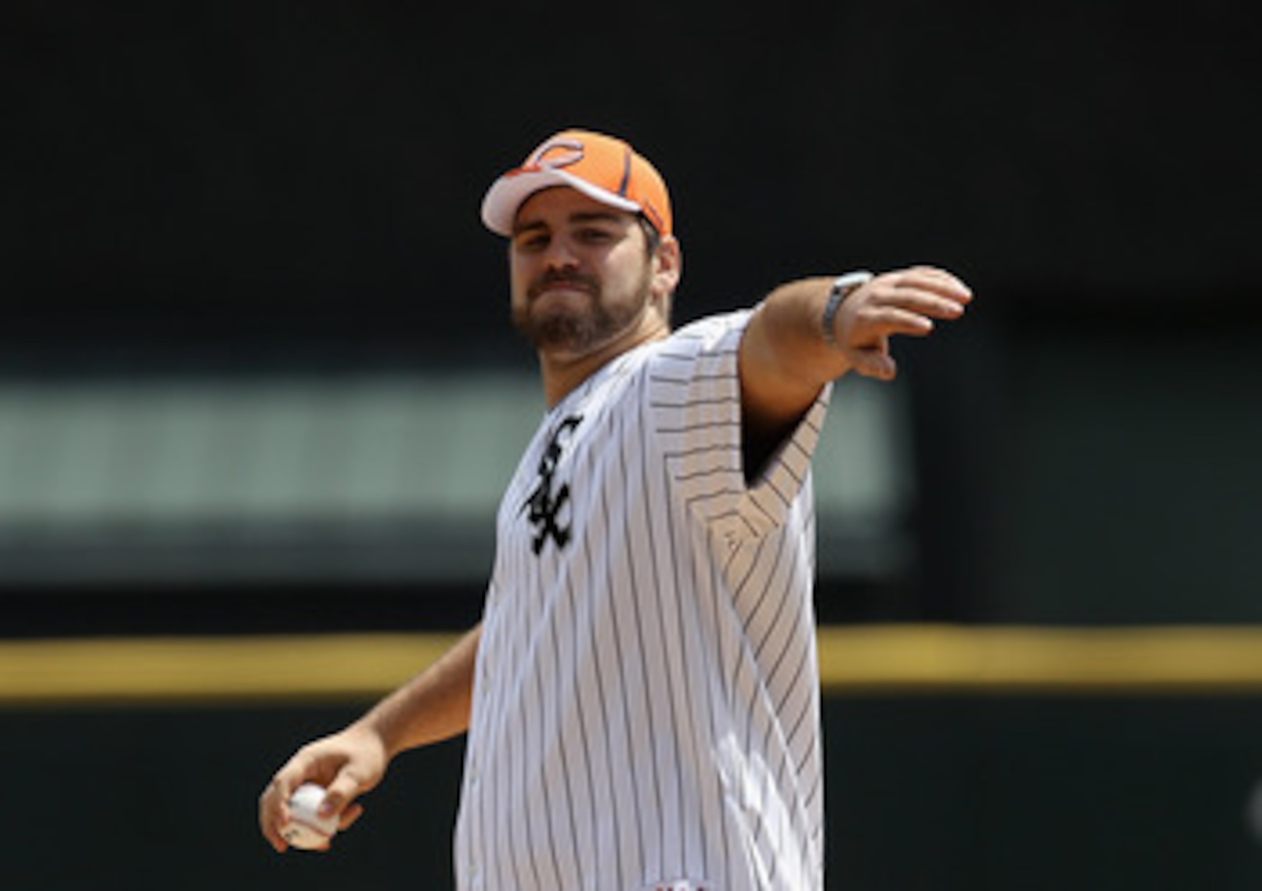 CHICAGO, IL - MAY 01: Gabe Carimi, the 1st round draft choice of the Chicago Bears, throws out a ceremonial first pitch before the Chicago White Sox take on the Baltimore Orioles at U.S. Cellular Field on May 1, 2011 in Chicago, Illinois. (Photo by Jonath