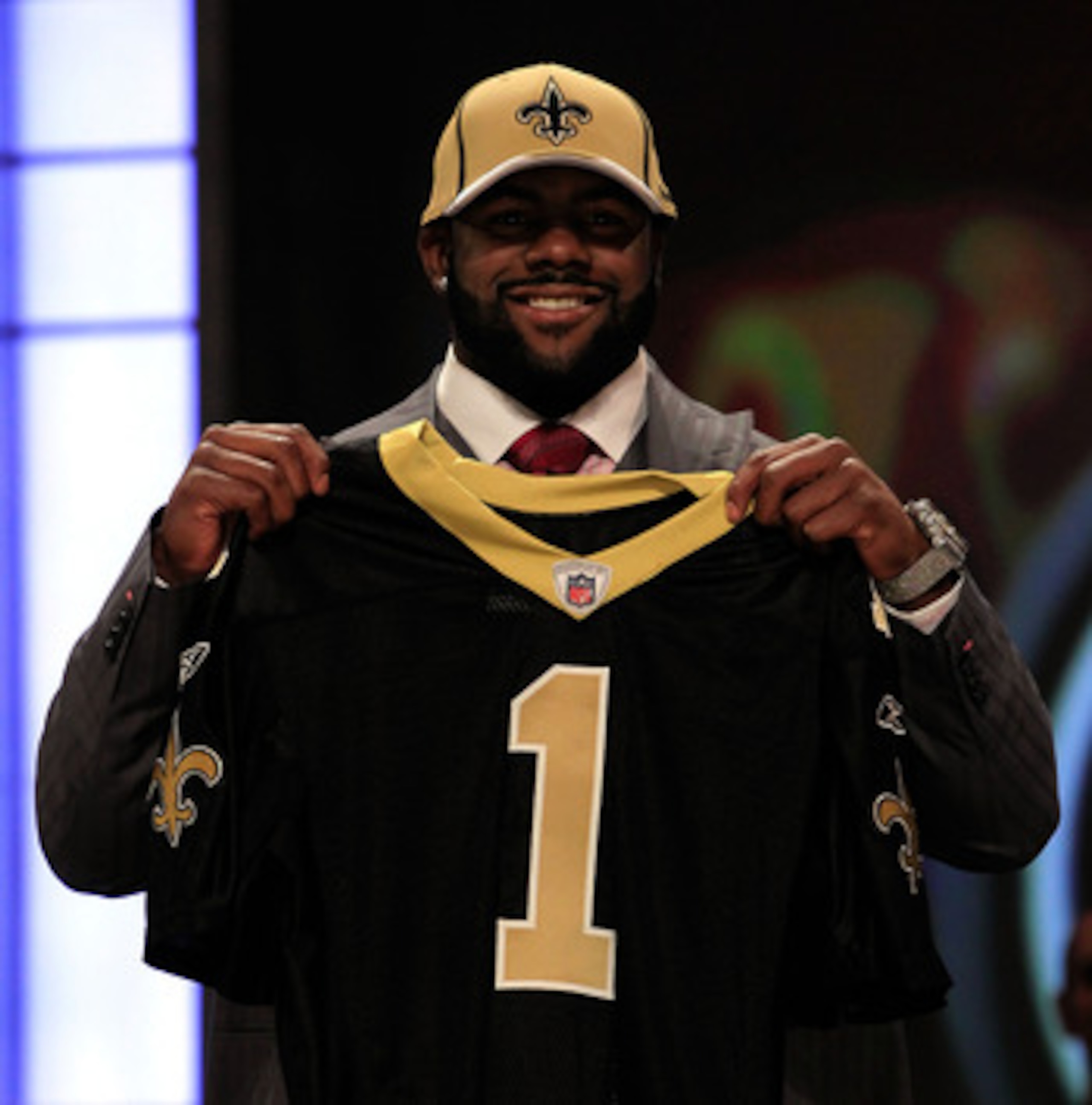 NEW YORK, NY - APRIL 28:  Mark Ingram, #28 overall pick by the New Orleans Saints, holds up a jersey on stage during the 2011 NFL Draft at Radio City Music Hall on April 28, 2011 in New York City.  (Photo by Chris Trotman/Getty Images)