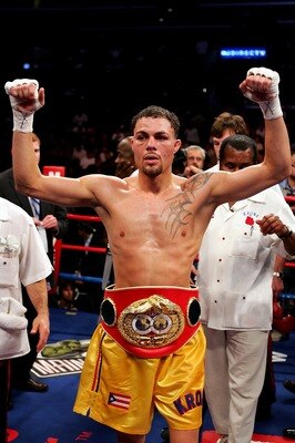 LOS ANGELES, CA - NOVEMBER 23:  Kermit Cintron celebrates his victory over Jesse Feliciano in the IBF Welterweight title fight at Staples Center on November 23, 2007 in Los Angeles, California.  Cintron won the fight by way of TKO in the 10th round.  (Pho