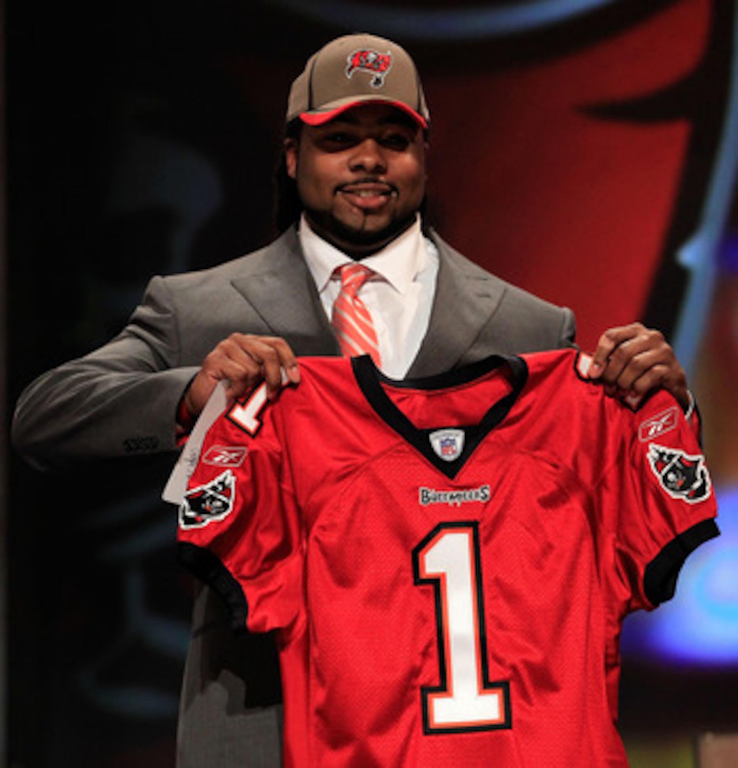 NEW YORK, NY - APRIL 28:  Adrian Clayborn, #20 overall pick by the Tampa Bay Buccaneers, holds up a jersey on  stage during the 2011 NFL Draft at Radio City Music Hall on April 28, 2011 in New York City.  (Photo by Chris Trotman/Getty Images)