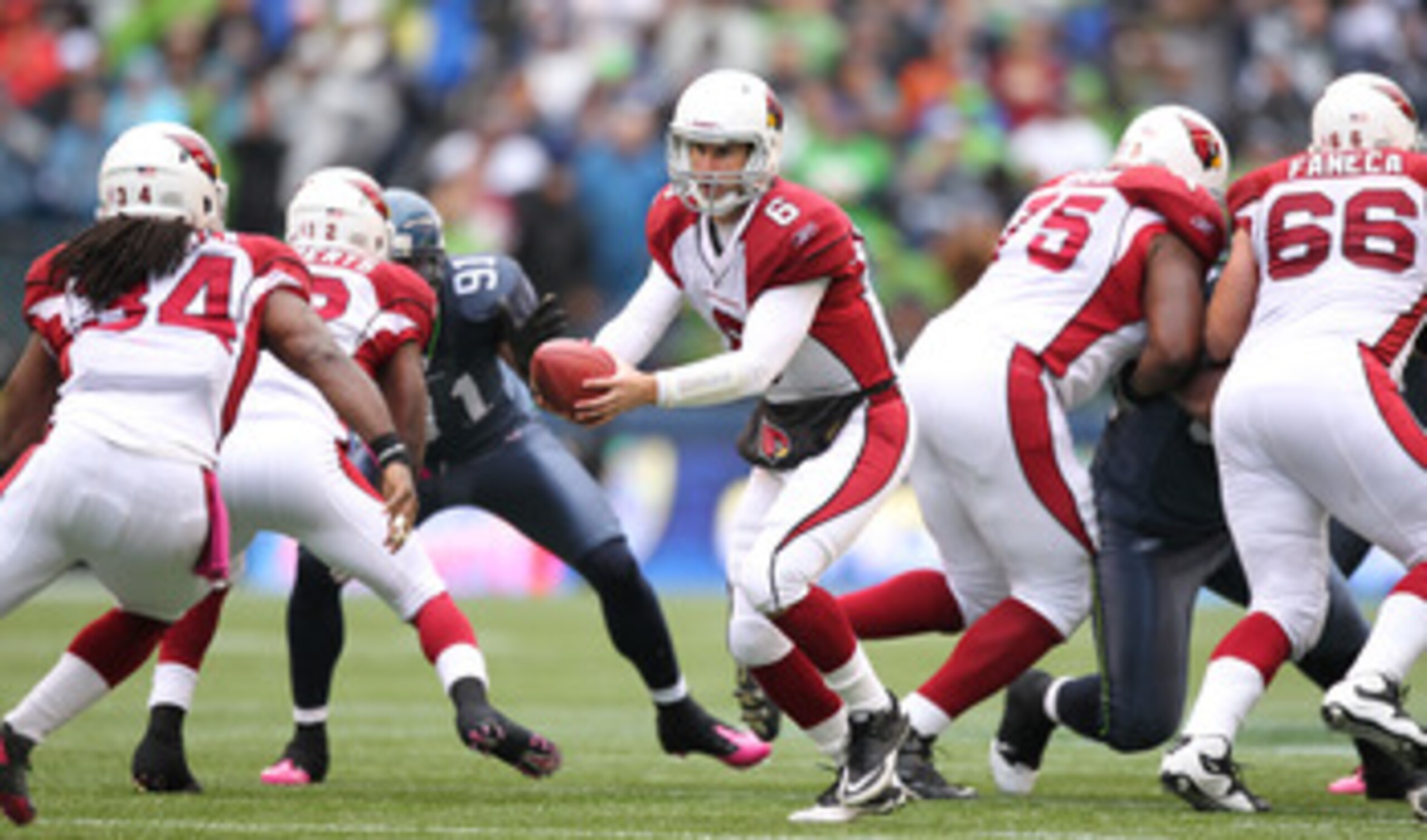 SEATTLE - OCTOBER 24:  Quarterback Max Hall #6 of the Arizona Cardinals readies to hand off to Tim Hightower #34 during the game against the Seattle Seahawks at Qwest Field on October 24, 2010 in Seattle, Washington. (Photo by Otto Greule Jr/Getty Images)