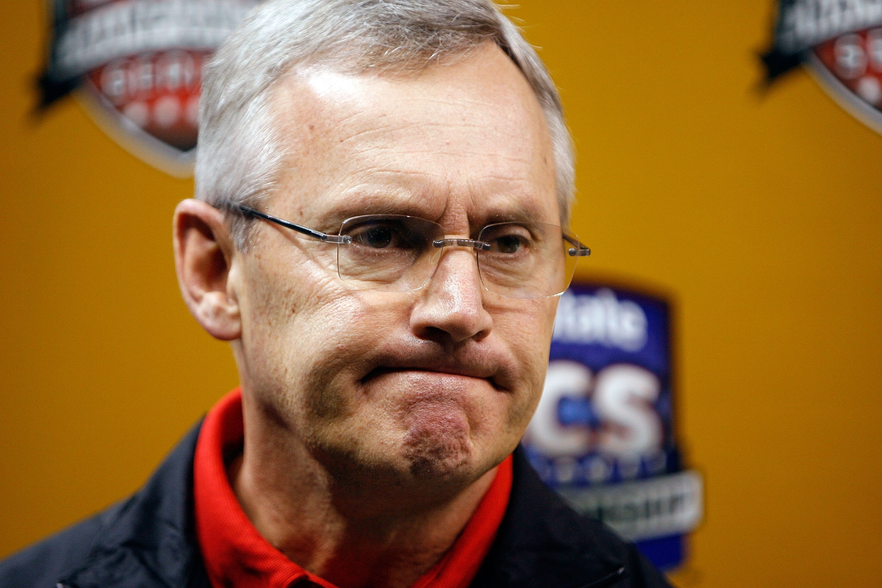 NEW ORLEANS - JANUARY 05:  Head coach Jim Tressel answers questions during the Ohio State Buckeyes media day on January 5, 2008 at the Louisiana Superdome in New Orleans, Louisiana.  Ohio State will play Louisiana State University in the BCS Championship