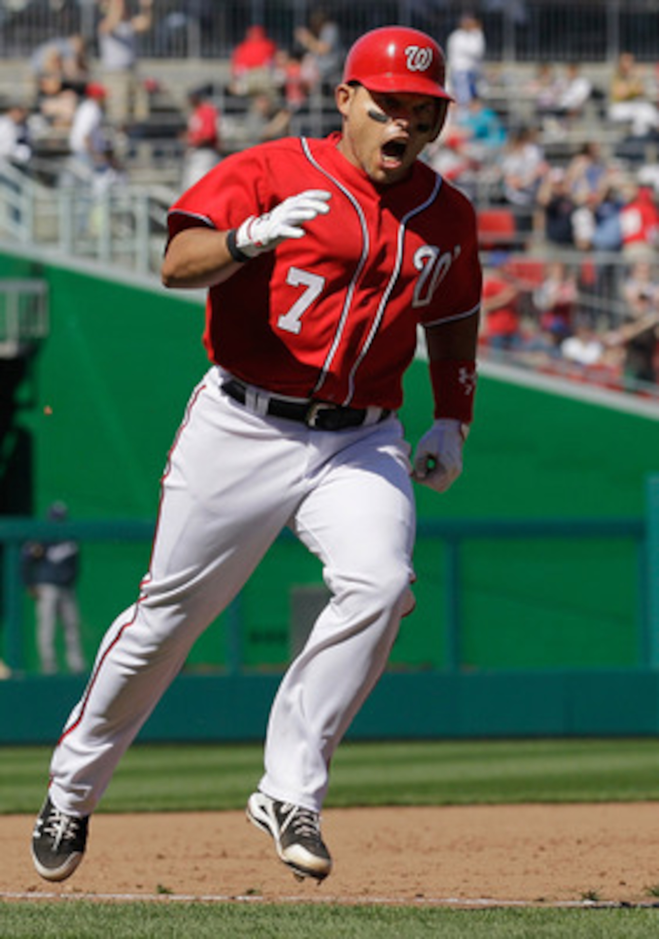 WASHINGTON, DC - APRIL 17: Ivan Rodriguez #7 of the Washington Nationals celebrates while rounding the bases after hitting a three run home run against the Milwaukee Brewers in the sixth inning during the first game of a doubleheader at Nationals Park on WASHINGTON, DC - APRIL 17: Ivan Rodriguez #7 of the Washington Nationals celebrates while rounding the bases after hitting a three run home run against the Milwaukee Brewers in the sixth inning during the first game of a doubleheader at Nationals Park on