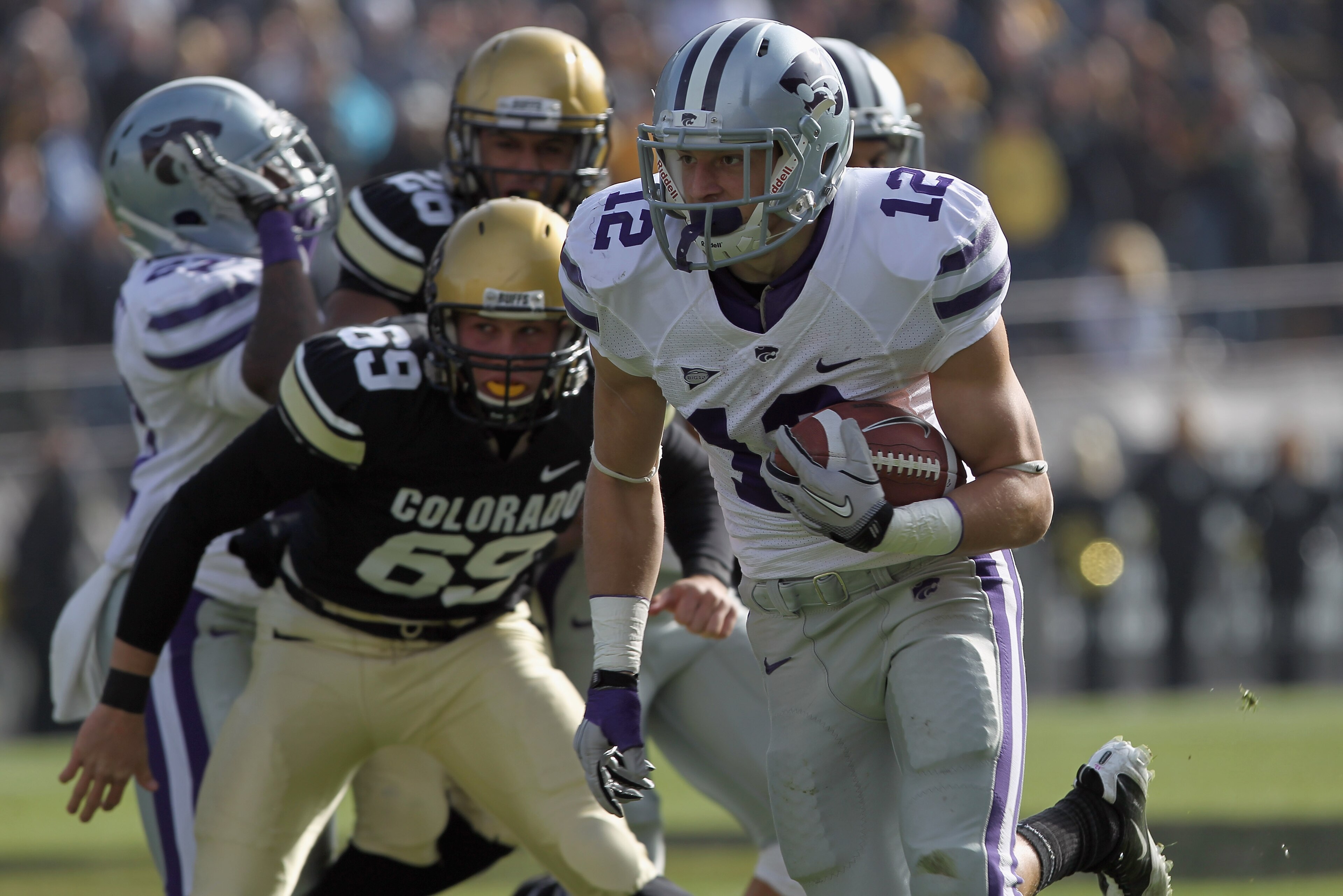 BOULDER, CO - NOVEMBER 20:  Ty Zimmerman #12 of the Kansas State Wildcats returns a punt to the one yard line against the Colorado Buffaloes in the first quarter at Folsom Field on November 20, 2010 in Boulder, Colorado. Colorado defeated Kansas State 44-