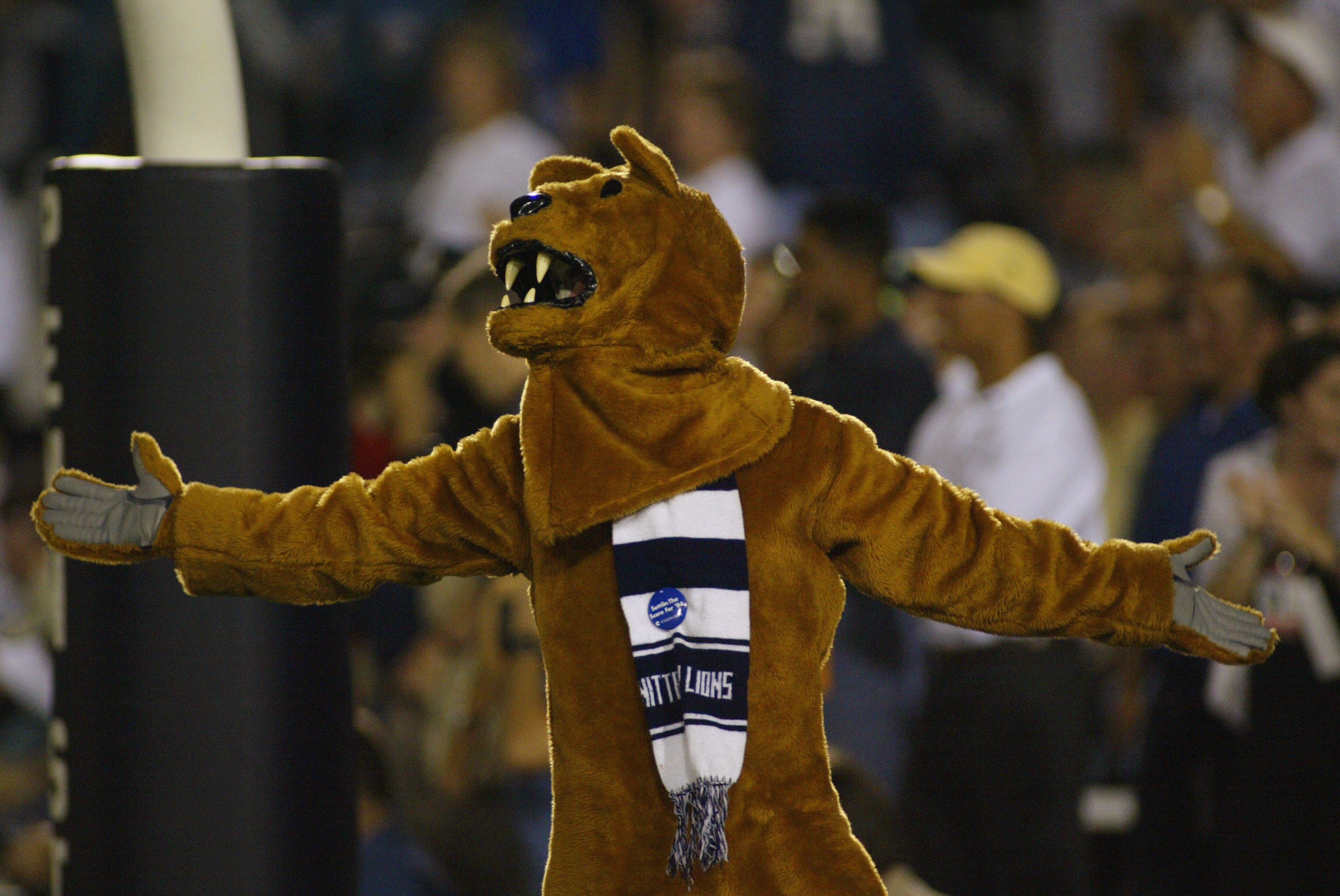 UNIVERSITY PARK, PA - SEPTEMBER 14:  Nittany Lion, the mascot of Penn State, rallies the team while in the endzone during the NCAA football game against Nebraska at Beaver Stadium in University Park, Pennsylvania on September 14, 2002. The Penn State Nitt