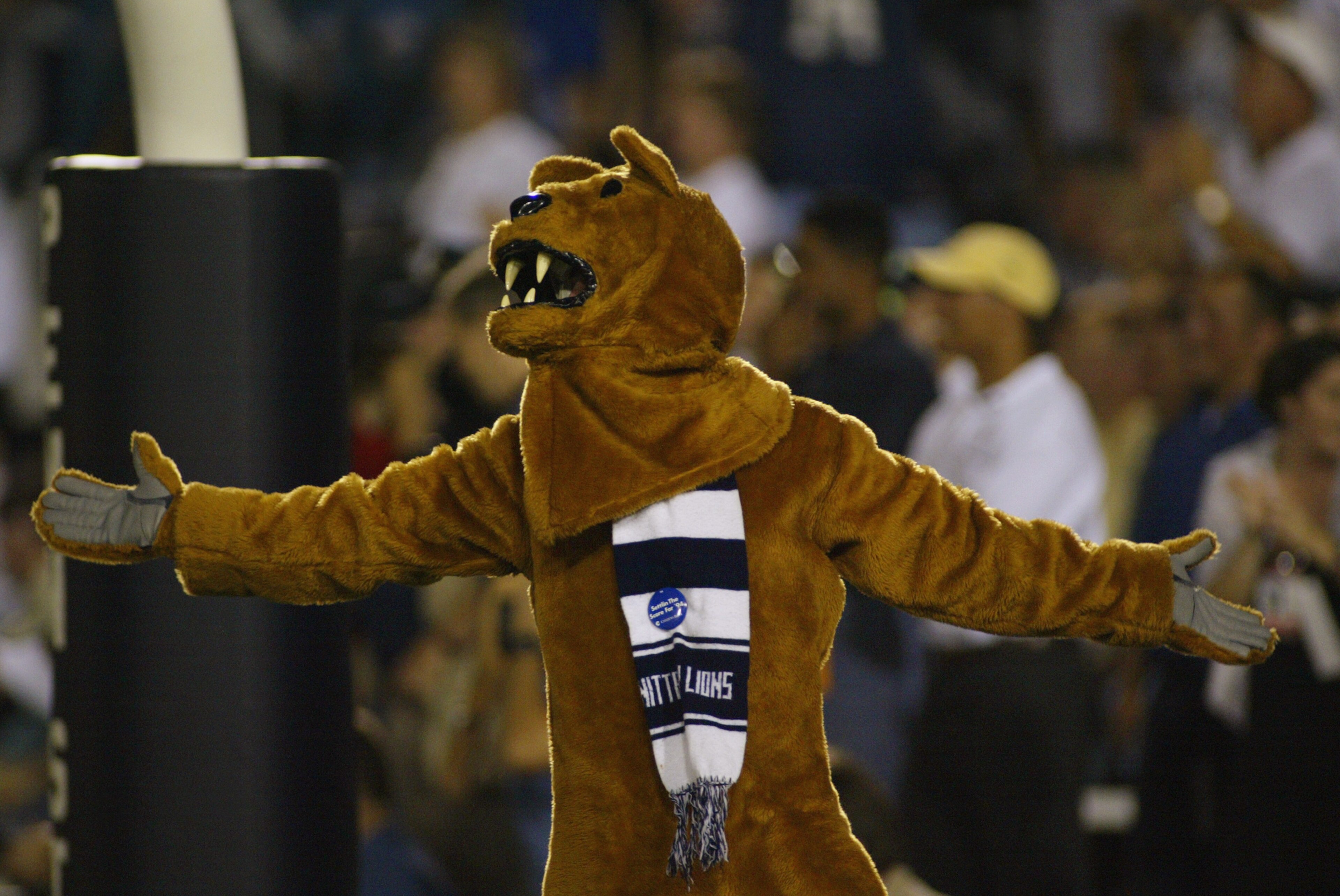 UNIVERSITY PARK, PA - SEPTEMBER 14:  Nittany Lion, the mascot of Penn State, rallies the team while in the endzone during the NCAA football game against Nebraska at Beaver Stadium in University Park, Pennsylvania on September 14, 2002. The Penn State Nitt