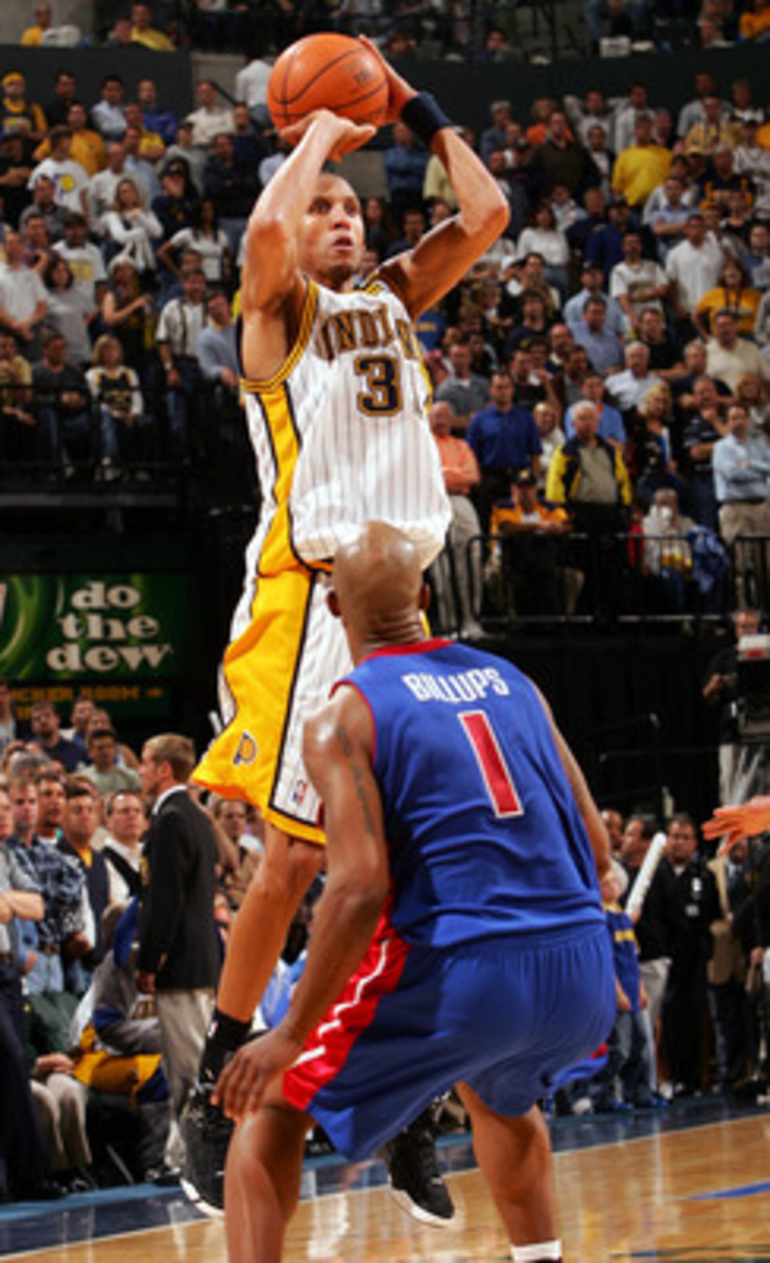 INDIANAPOLIS - MAY 19:  Reggie Miller #31 of the Indiana Pacers takes one of his shots as Chauncey Billups #1 of the Detroit Pistons defends in Game six of the Eastern Conference Semifinals during the 2005 NBA Playoffs on May 19, 2005 at Conseco Fieldhous