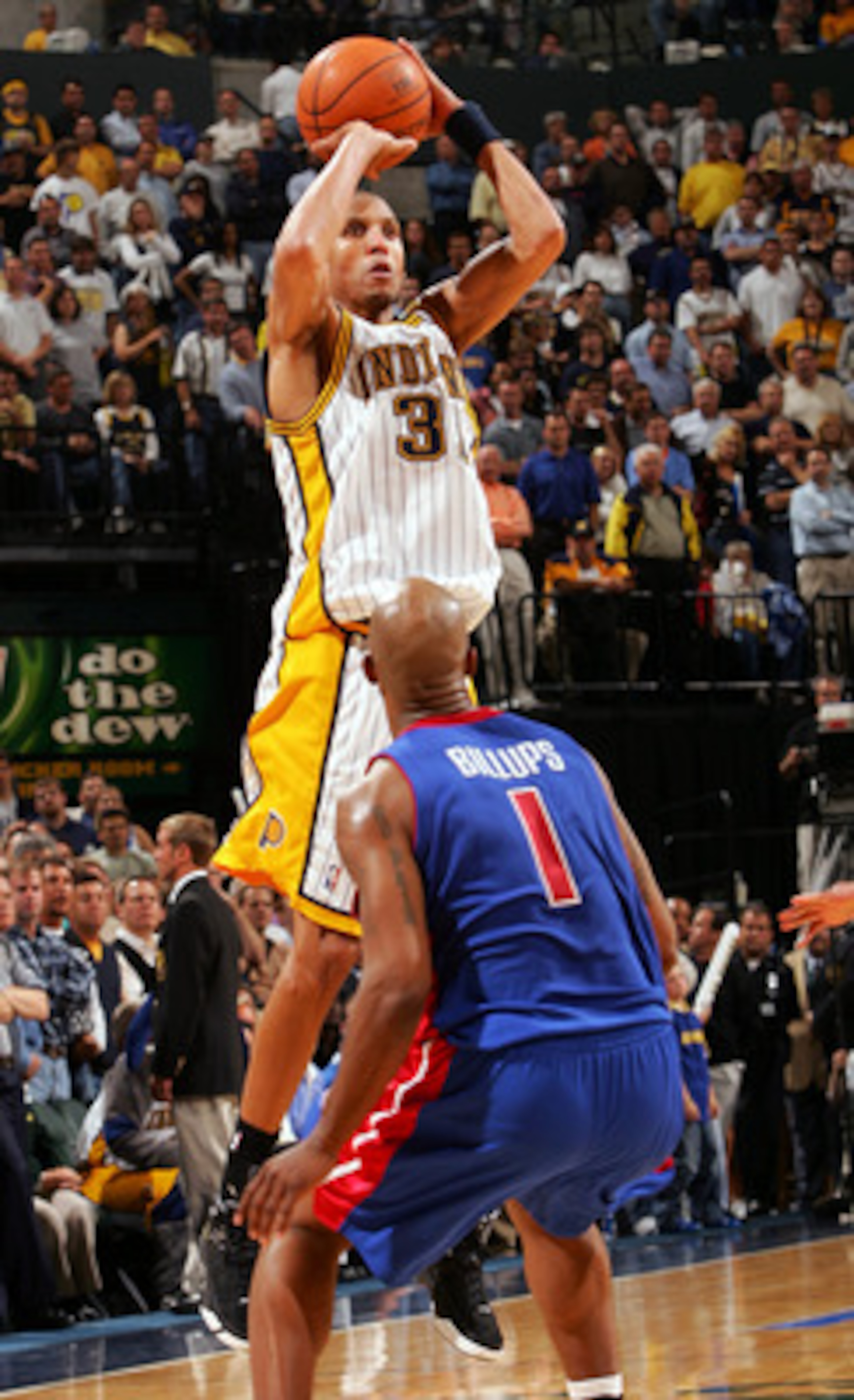 INDIANAPOLIS - MAY 19:  Reggie Miller #31 of the Indiana Pacers takes one of his shots as Chauncey Billups #1 of the Detroit Pistons defends in Game six of the Eastern Conference Semifinals during the 2005 NBA Playoffs on May 19, 2005 at Conseco Fieldhous
