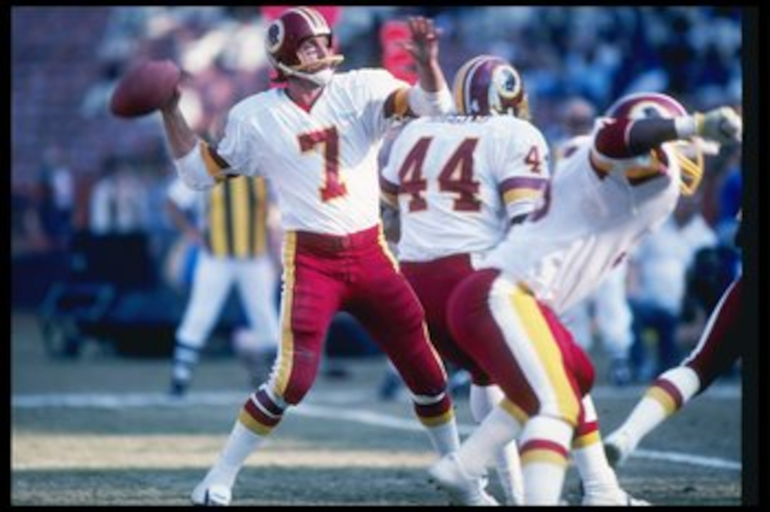 20 Dec 1981:  Washington Redskins quarterback Joe Theismann throws a pass during game against the Los Angeles Rams at Anaheim Stadium in Anaheim, California.  The Redskins won the game 30-7. Mandatory Credit: Allsport  /Allsport