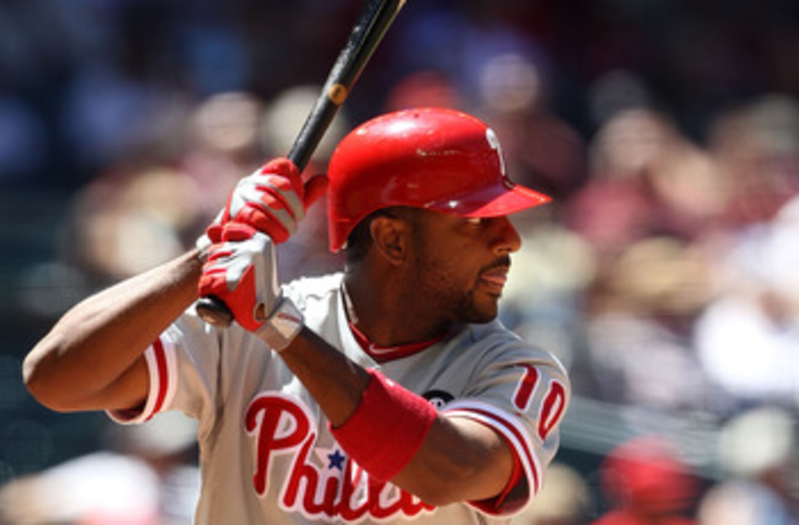 PHOENIX, AZ - APRIL 27:  Ben Francisco #10 of the Philadelphia Phillies bats against the Arizona Diamondbacks during the Major League Baseball game at Chase Field on April 27, 2011 in Phoenix, Arizona.  The Phillies defeated the Diamondbacks 8-4.  (Photo