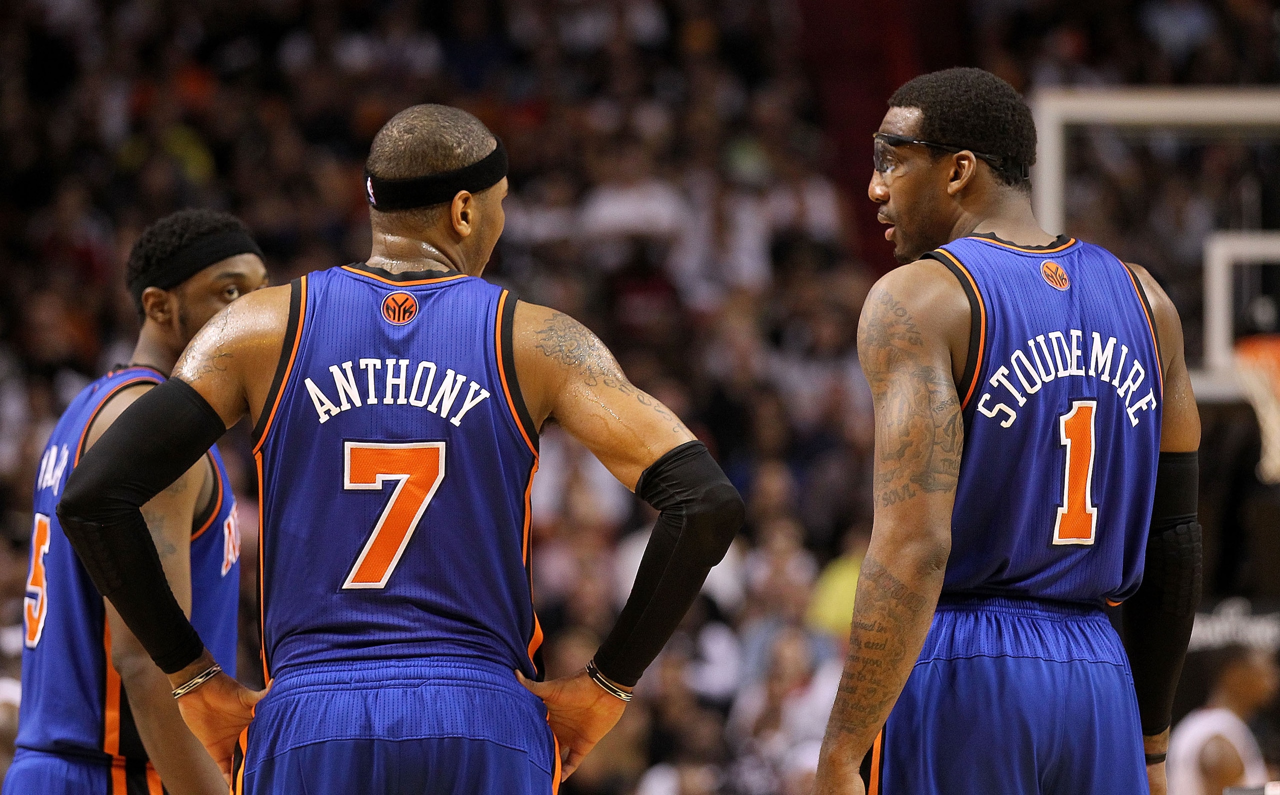 MIAMI, FL - FEBRUARY 27: Carmelo Anthony #7 and Amar'e Stoudemire #1 of the New York Knicks talk during a game against the the Miami Heat at American Airlines Arena on February 27, 2011 in Miami, Florida. NOTE TO USER: User expressly acknowledges and agr MIAMI, FL - FEBRUARY 27: Carmelo Anthony #7 and Amar'e Stoudemire #1 of the New York Knicks talk during a game against the the Miami Heat at American Airlines Arena on February 27, 2011 in Miami, Florida. NOTE TO USER: User expressly acknowledges and agr