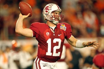 MIAMI, FL - JANUARY 03:  Andrew Luck #12 of the Stanford Cardinal throws pass against the Virginia Tech Hokies during the 2011 Discover Orange Bowl at Sun Life Stadium on January 3, 2011 in Miami, Florida. Stanford won 40-12. (Photo by Mike Ehrmann/Getty 
