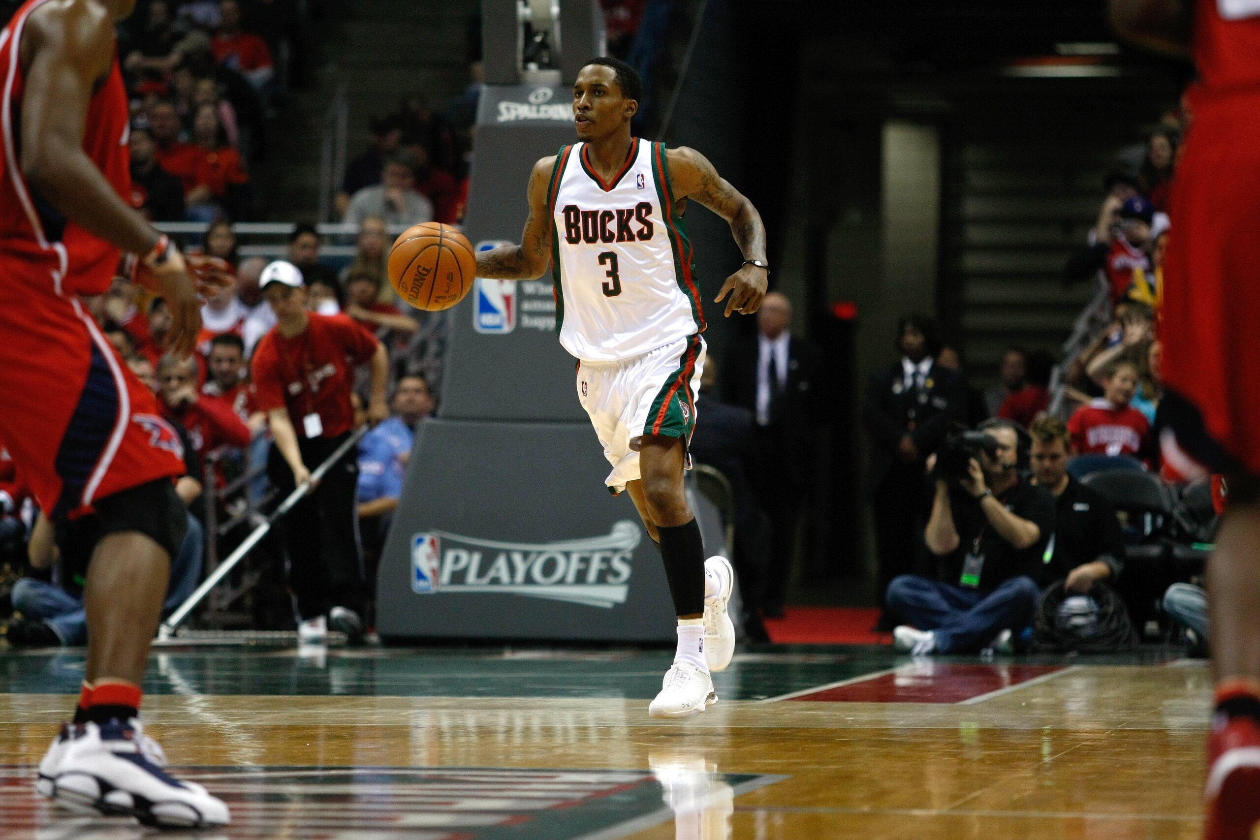 MILWAUKEE, WI - APRIL 24: Brandon Jennings #3 of the Milwaukee Bucks dribbles the basketball against the Atlanta Hawks during Game Three of Eastern Conference Quarterfinals of the 2010 NBA Playoffs at the Bradley Center on April 24, 2010 in Milwaukee, Wis