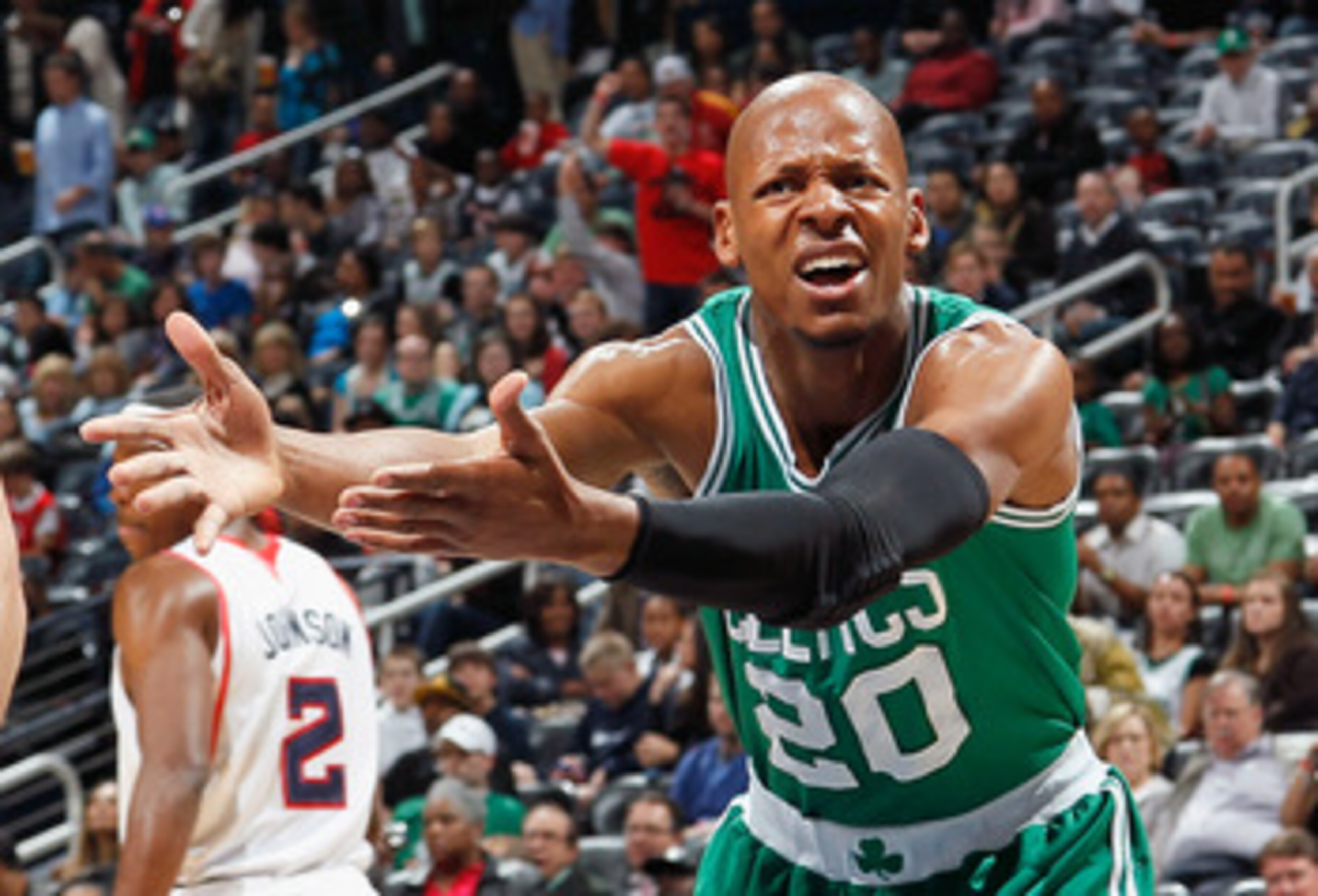 ATLANTA, GA - APRIL 01: Ray Allen #20 of the Boston Celtics reacts after a call against the Atlanta Hawks at Philips Arena on April 1, 2011 in Atlanta, Georgia. NOTE TO USER: User expressly acknowledges and agrees that, by downloading and/or using this ATLANTA, GA - APRIL 01: Ray Allen #20 of the Boston Celtics reacts after a call against the Atlanta Hawks at Philips Arena on April 1, 2011 in Atlanta, Georgia. NOTE TO USER: User expressly acknowledges and agrees that, by downloading and/or using this