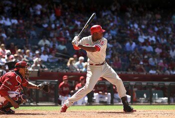 PHOENIX, AZ - APRIL 27:  John Mayberry #15 of the Philadelphia Phillies bats against the Arizona Diamondbacks during the Major League Baseball game at Chase Field on April 27, 2011 in Phoenix, Arizona.  The Phillies defeated the Diamondbacks 8-4.  (Photo 