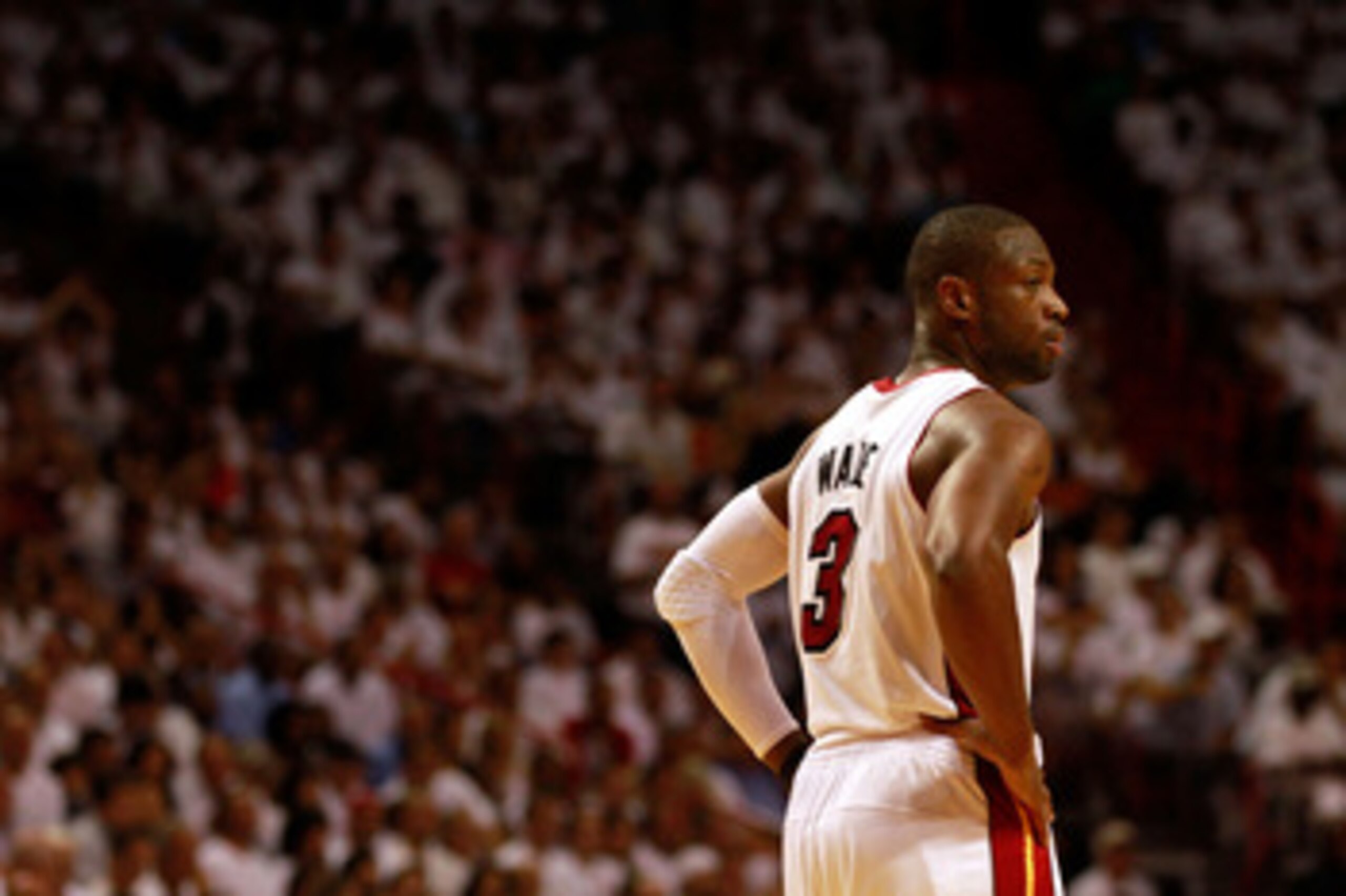 MIAMI, FL - MAY 24:  Dwyane Wade #3 of the Miami Heat looks on against the Chicago Bulls in Game Four of the Eastern Conference Finals during the 2011 NBA Playoffs on May 24, 2011 at American Airlines Arena in Miami, Florida. The Heat won 101-93 in overti
