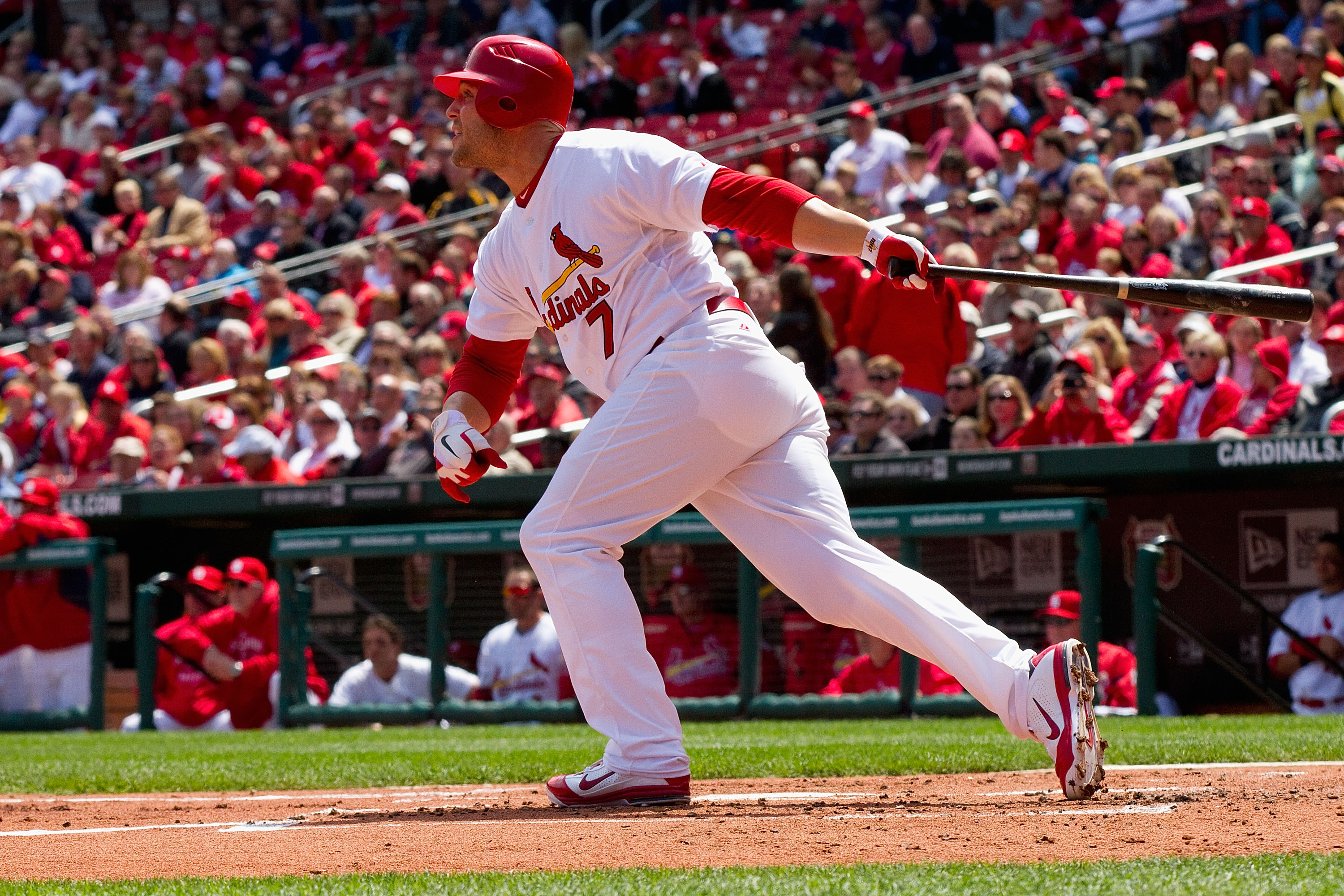 ST. LOUIS, MO - APRIL 21: Matt Holliday #7 of the St. Louis Cardinals hits a two-run home run against the Washington Nationals at Busch Stadium on April 21, 2011 in St. Louis, Missouri.  (Photo by Dilip Vishwanat/Getty Images)