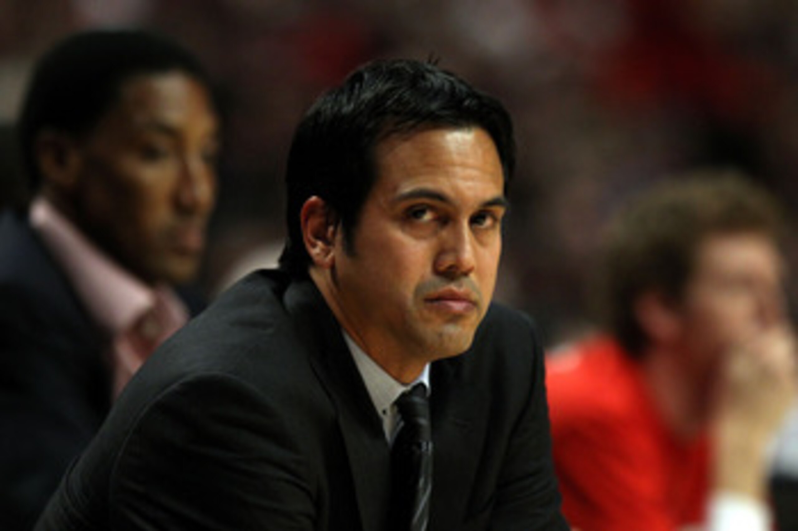 CHICAGO, IL - MAY 18:  Head coach Erik Spoelstra of the Miami Heat looks on against the Chicago Bulls in Game Two of the Eastern Conference Finals during the 2011 NBA Playoffs on May 18, 2011 at the United Center in Chicago, Illinois. NOTE TO USER: User e