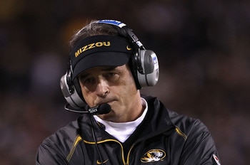 TEMPE, AZ - DECEMBER 28:  Head coach Gary Pinkel of the Missouri Tigers reacts on the sidelines during the Insight Bowl against the Iowa Hawkeyes at Sun Devil Stadium on December 28, 2010 in Tempe, Arizona.  The Hawkeyes defeated the Tigers 27-24.  (Photo