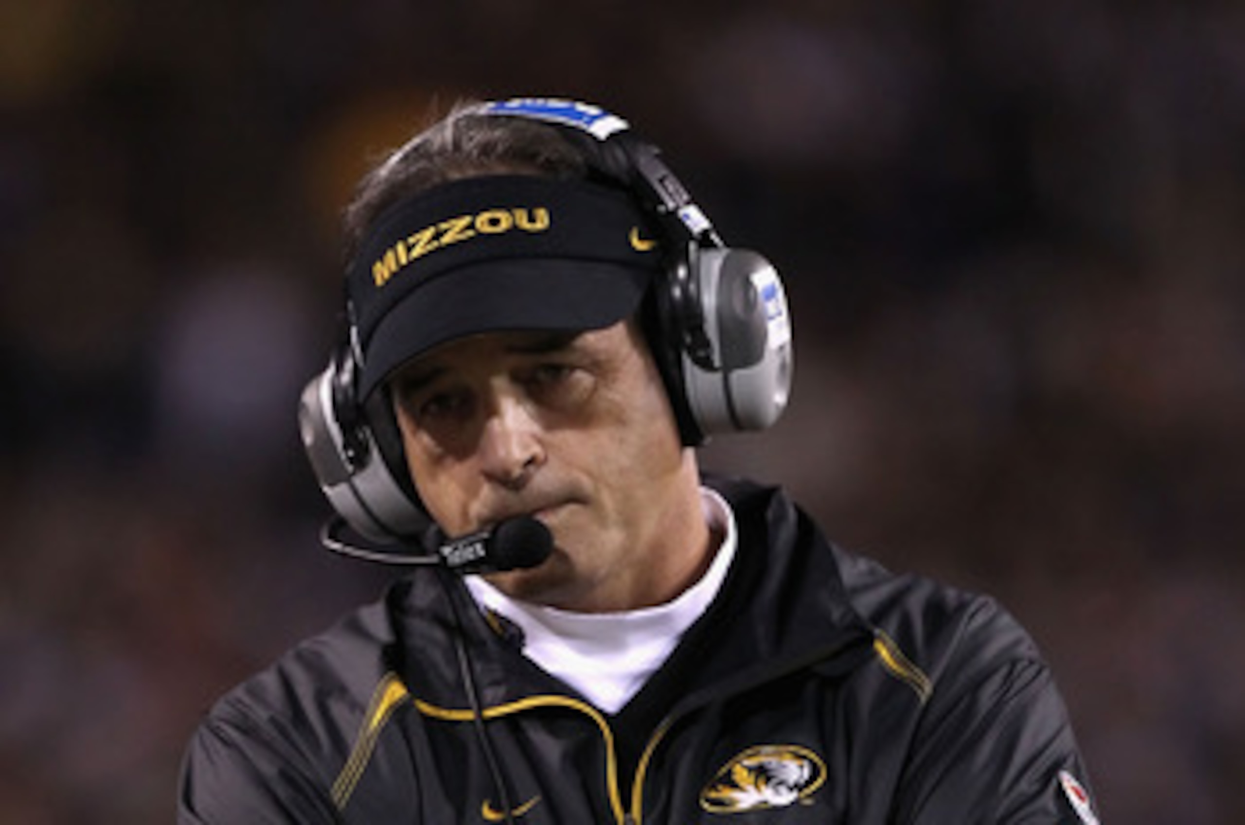TEMPE, AZ - DECEMBER 28: Head coach Gary Pinkel of the Missouri Tigers reacts on the sidelines during the Insight Bowl against the Iowa Hawkeyes at Sun Devil Stadium on December 28, 2010 in Tempe, Arizona. The Hawkeyes defeated the Tigers 27-24. (Photo TEMPE, AZ - DECEMBER 28: Head coach Gary Pinkel of the Missouri Tigers reacts on the sidelines during the Insight Bowl against the Iowa Hawkeyes at Sun Devil Stadium on December 28, 2010 in Tempe, Arizona. The Hawkeyes defeated the Tigers 27-24. (Photo