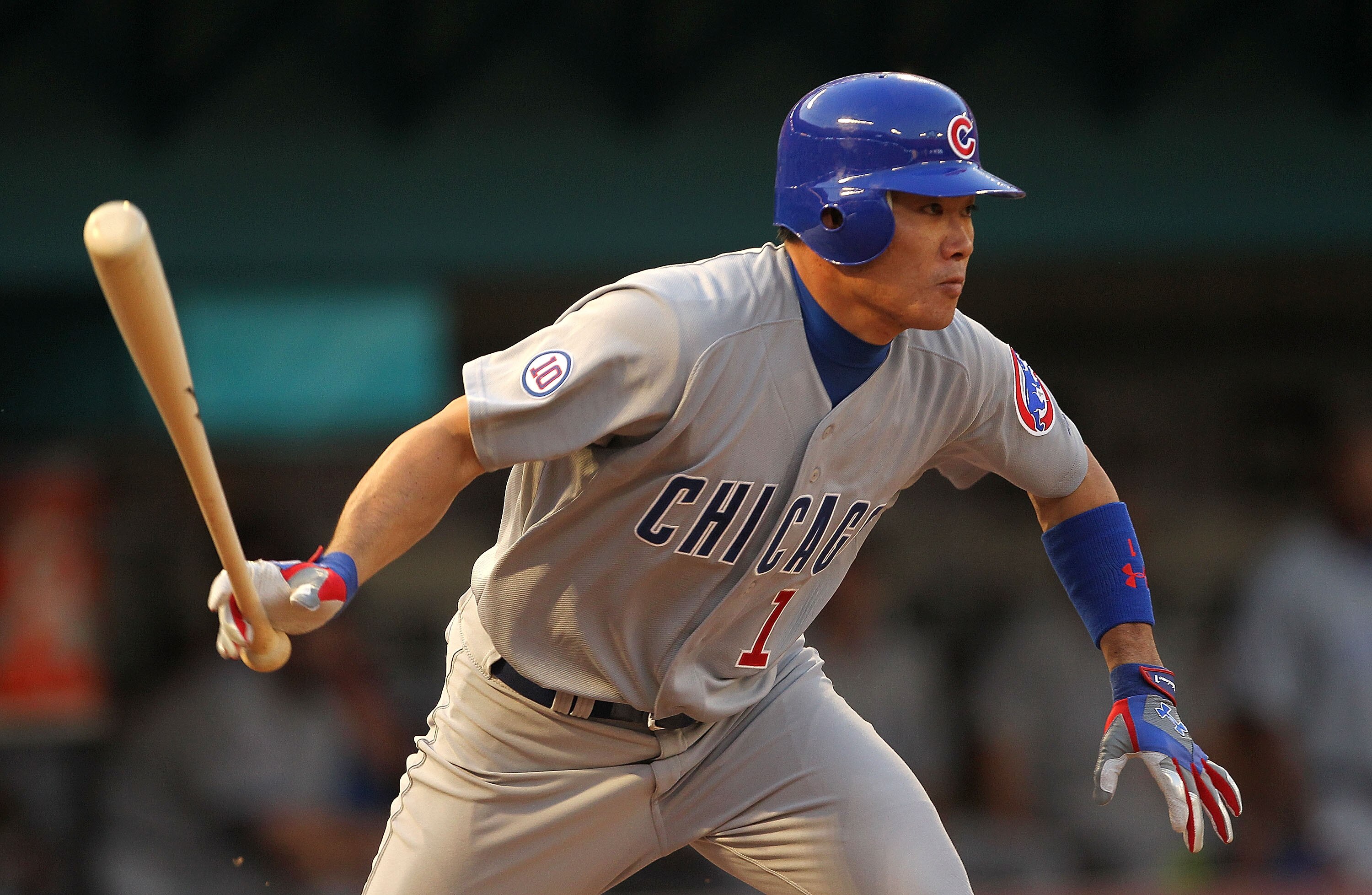 MIAMI GARDENS, FL - MAY 18: Kosuke Fukudome #1 of the Chicago Cubs hits during a game against the Florida Marlins at Sun Life Stadium on May 18, 2011 in Miami Gardens, Florida.  (Photo by Mike Ehrmann/Getty Images)