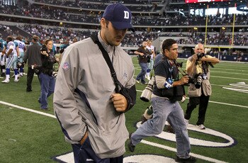 ARLINGTON, TX - OCTOBER 31: Injured quarterback Tony Romo of the Dallas Cowboys walks off the field with his head down after the Cowboys lost 35-17 against the Jacksonville Jaguars at Cowboys Stadium on October 31, 2010 in Arlington, Texas. (Photo by St ARLINGTON, TX - OCTOBER 31: Injured quarterback Tony Romo of the Dallas Cowboys walks off the field with his head down after the Cowboys lost 35-17 against the Jacksonville Jaguars at Cowboys Stadium on October 31, 2010 in Arlington, Texas. (Photo by St