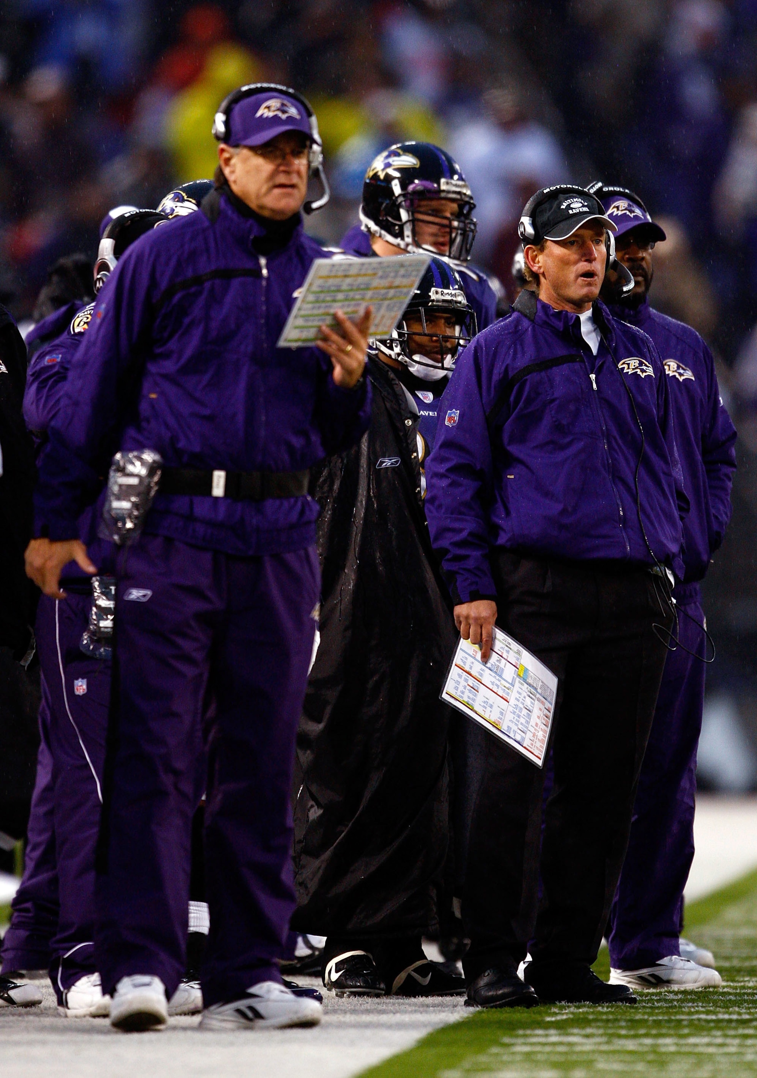 BALTIMORE - DECEMBER 30:  Offensive coordinator Rick Neuheisel of the Baltimore Ravens watches the action alongside head coach Brian Billick during the game against the Pittsburgh Steelers at M&T Bank Stadium December 30, 2007 in Baltimore, Maryland.  (Ph