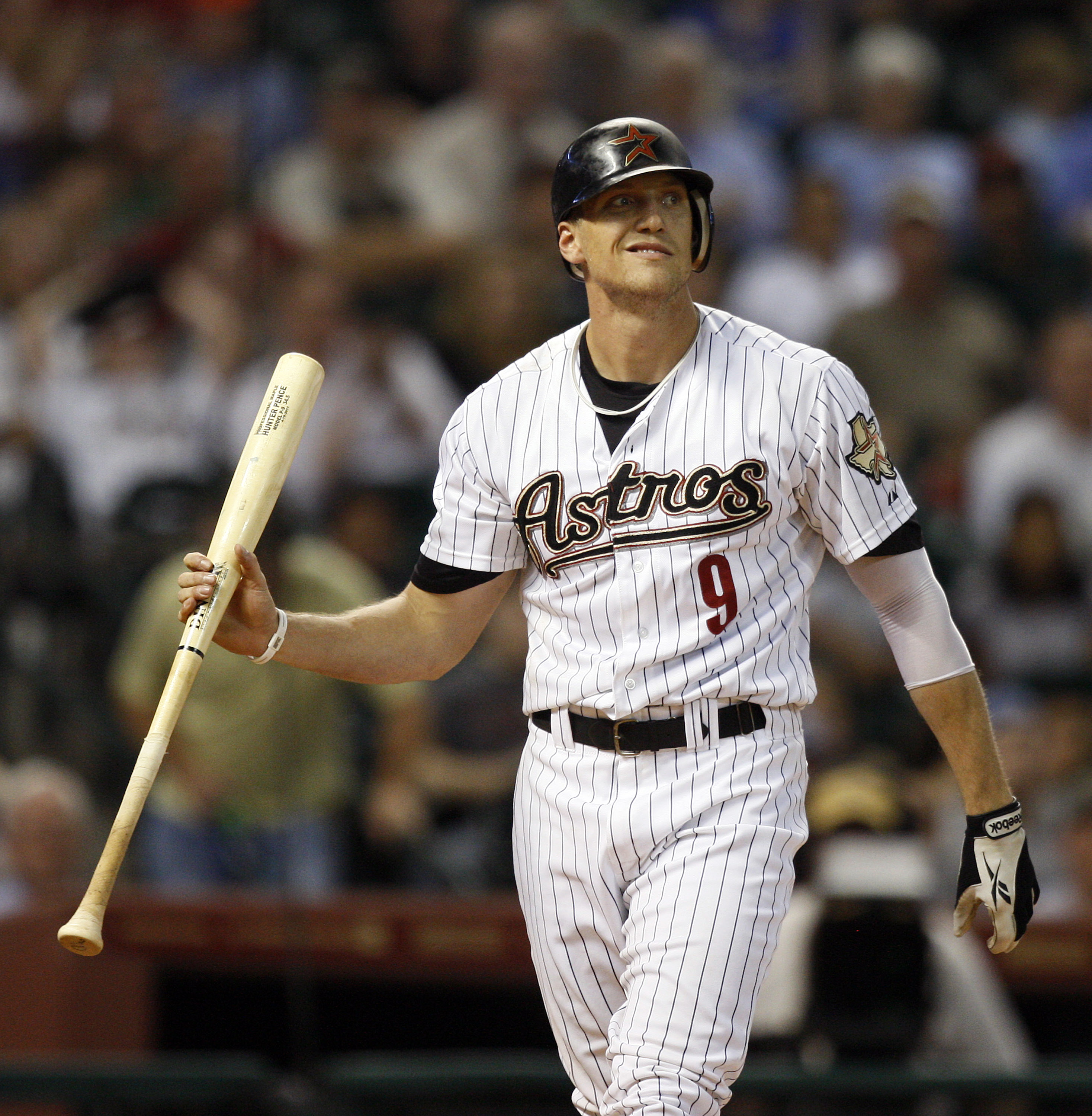 HOUSTON - MAY 24:  Hunter Pence #9 of the Houston Astros reacts after striking out in the eighth inning against pitcher Rubby De La Rosa of the Los Angeles Dodgers at Minute Maid Park on May 24, 2011 in Houston, Texas.  (Photo by Bob Levey/Getty Images)