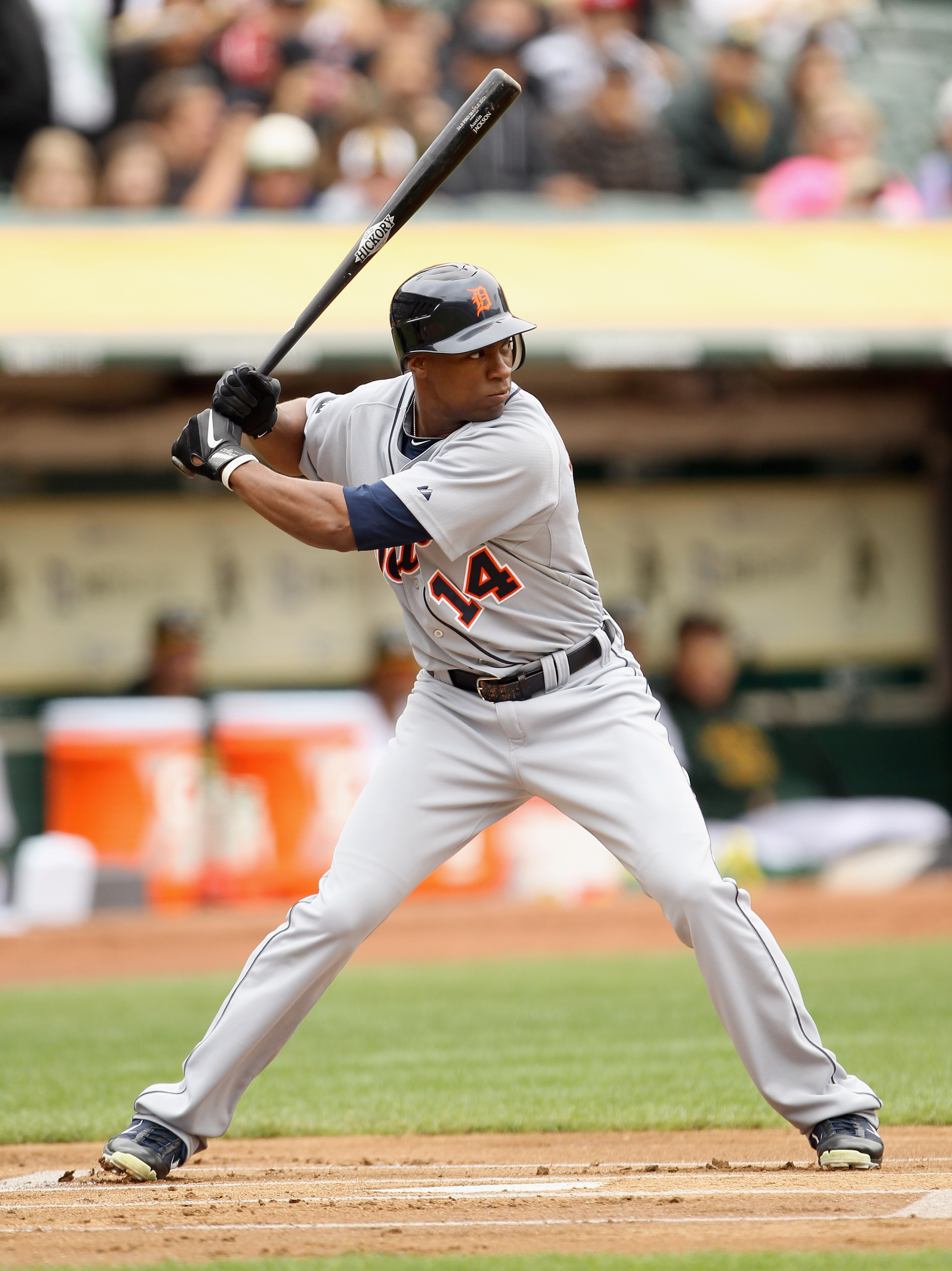 OAKLAND, CA - APRIL 17:  Austin Jackson #14 of the Detroit Tigers in action during their game against the Oakland Athletics at Oakland-Alameda County Coliseum on April 17, 2011 in Oakland, California.  (Photo by Ezra Shaw/Getty Images)
