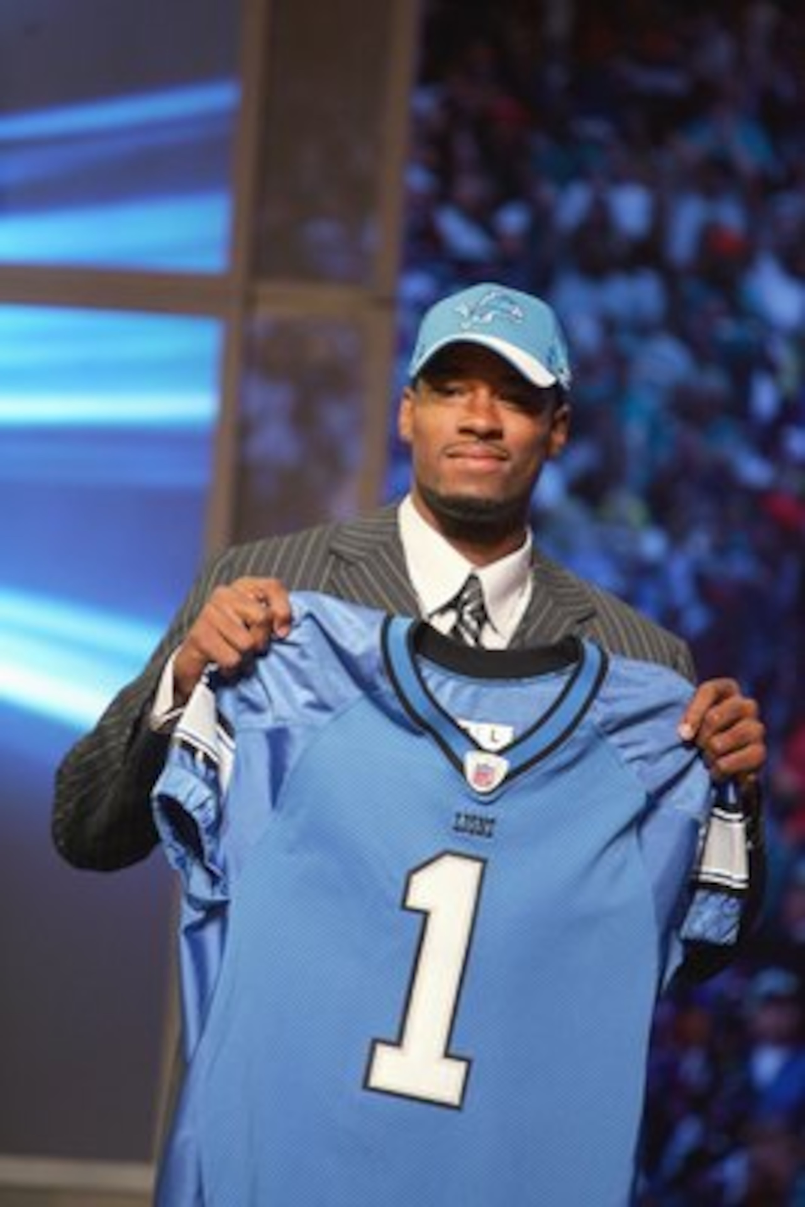 NEW YORK - APRIL 28:  Wide receiver Calvin Johnson of Georgia Tech poses for a photo after being drafted by the Detroit Lions during the 2007 NFL Draft on April 28, 2007 at Radio City Music Hall in New York, New York. (Photo by