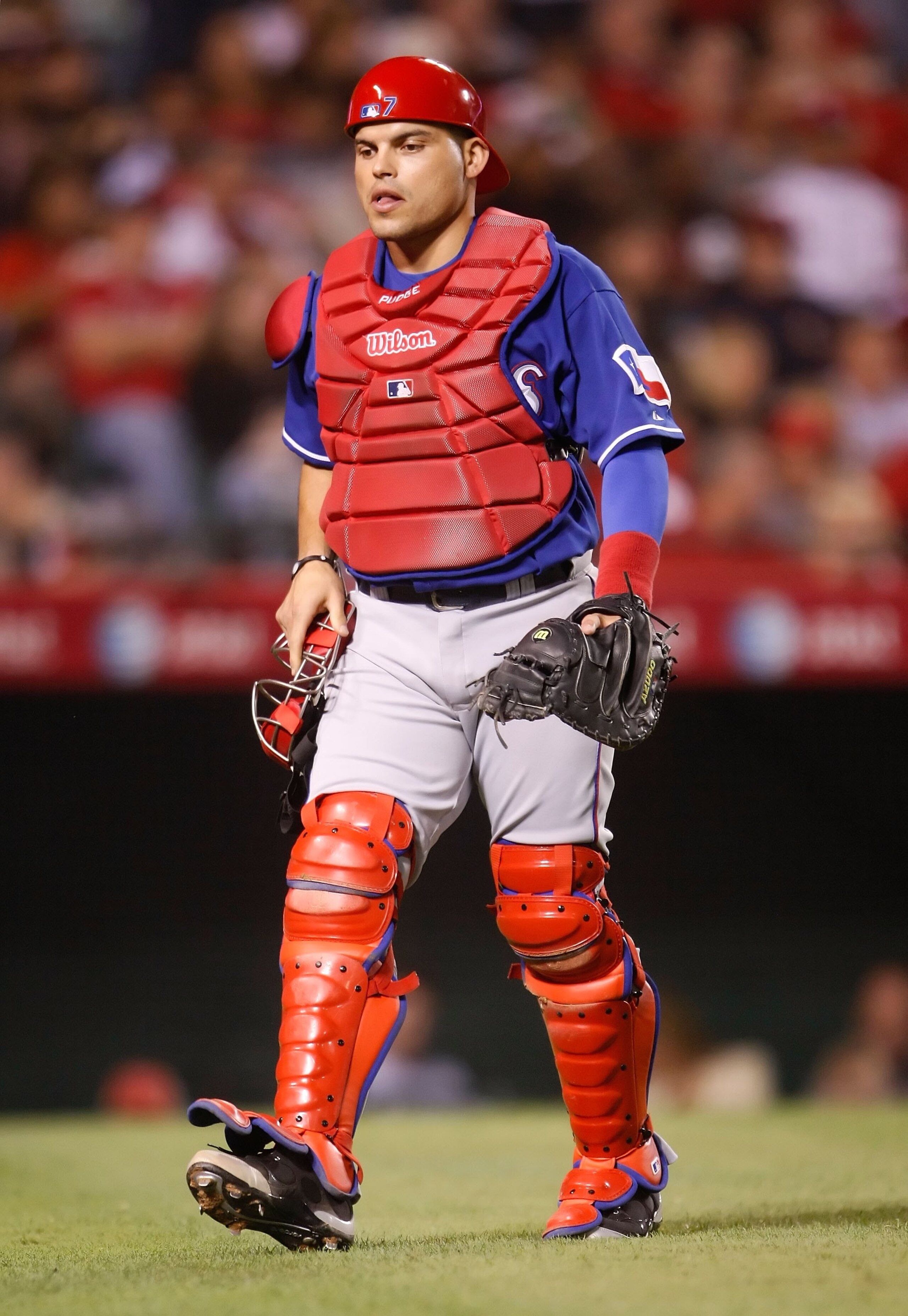 ANAHEIM, CA - SEPTEMBER 29:  Ivan Rodriguez #7 of the Texas Rangers walks back to the dugout against the Los Angeles Angels of Anaheim at Angel Stadium on September 29, 2009 in Anaheim, California.  (Photo by Jeff Gross/Getty Images)