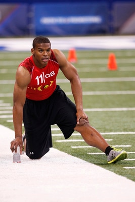 INDIANAPOLIS, IN - FEBRUARY 27:  Cam Newton looks on during the 2011 NFL Scouting Combine at Lucas Oil Stadium on February 27, 2011 in Indianapolis, Indiana. (Photo by Joe Robbins/Getty Images)