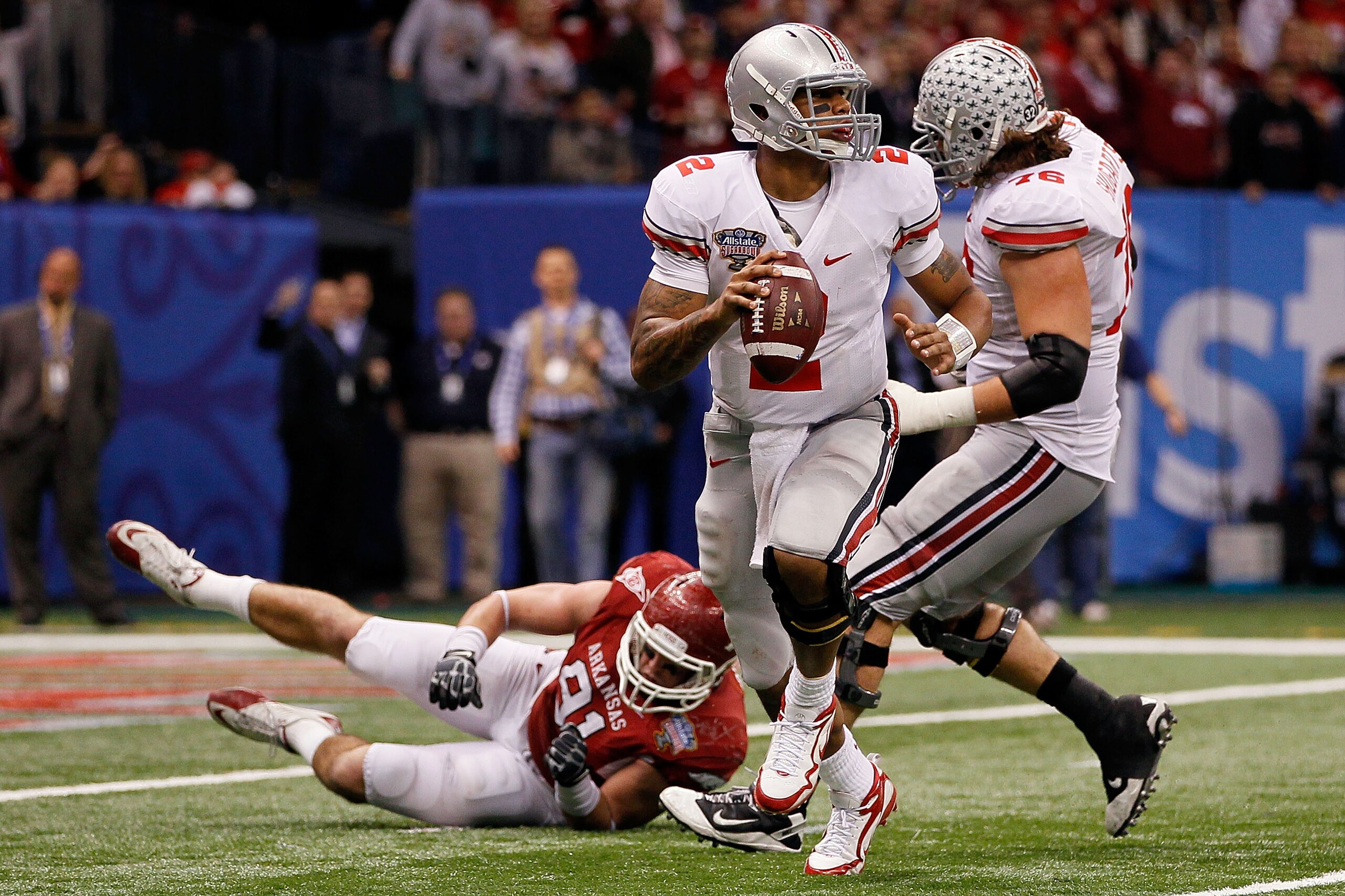 NEW ORLEANS, LA - JANUARY 04: Quarterback Terrelle Pryor #2 of the Ohio State Buckeyes looks to run against the Arkansas Razorbacks during the Allstate Sugar Bowl at the Louisiana Superdome on January 4, 2011 in New Orleans, Louisiana. (Photo by Kevin C NEW ORLEANS, LA - JANUARY 04: Quarterback Terrelle Pryor #2 of the Ohio State Buckeyes looks to run against the Arkansas Razorbacks during the Allstate Sugar Bowl at the Louisiana Superdome on January 4, 2011 in New Orleans, Louisiana. (Photo by Kevin C
