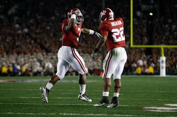 PASADENA, CA - JANUARY 07: Running back Trent Richardson #3 of the Alabama Crimson Tide celebrates with Mark Ingram #22 after Richardson runs for a 49-yard touchdown against the Texas Longhorns in the second quarter of the Citi BCS National Championship PASADENA, CA - JANUARY 07: Running back Trent Richardson #3 of the Alabama Crimson Tide celebrates with Mark Ingram #22 after Richardson runs for a 49-yard touchdown against the Texas Longhorns in the second quarter of the Citi BCS National Championship