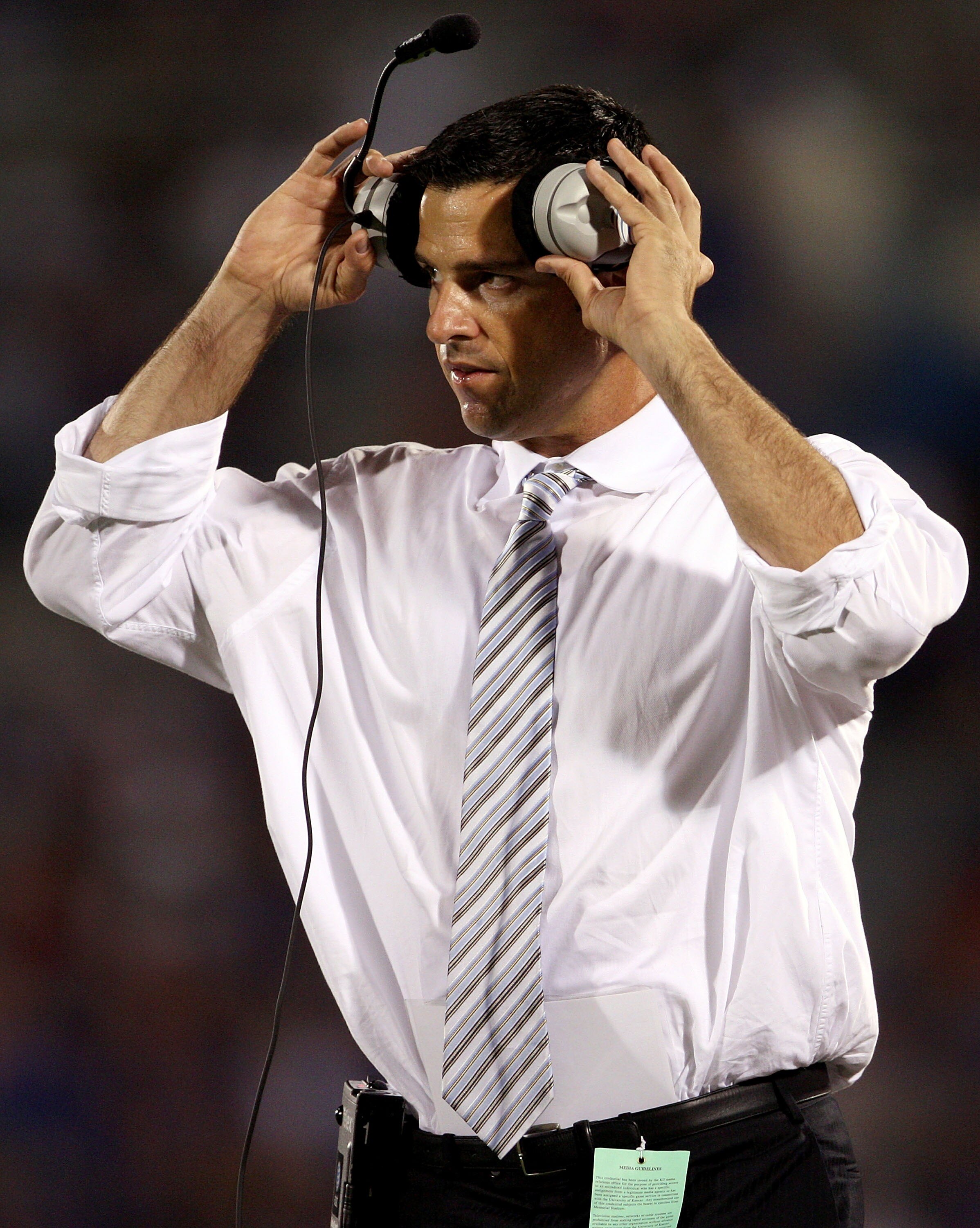LAWRENCE, KS - SEPTEMBER 22:  Head coach Mario Cristobal of the Florida International Golden Panthers watches from the sidelines during the game against the Kansas Jayhawks on September 22, 2007 at Memorial Stadium in Lawrence, Kansas.  (Photo by Jamie Sq