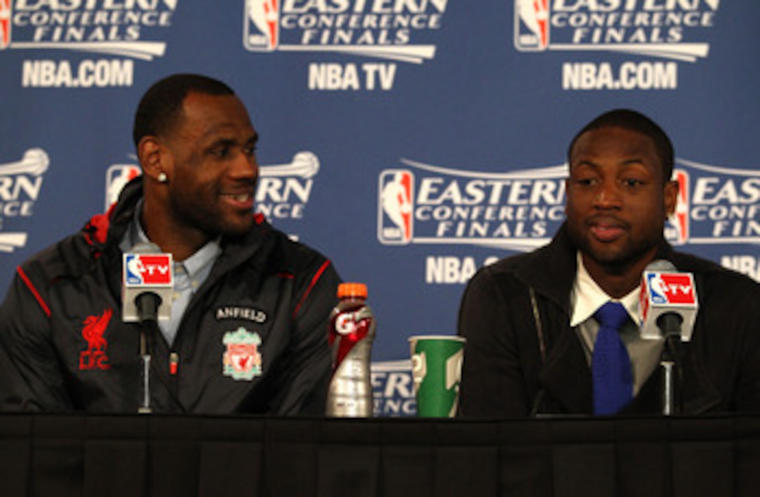 CHICAGO, IL - MAY 26: (L-R) LeBron James #6 and Dwyane Wade of the Miami Heat answers questions from the media at the post game press conference after the Heat won 83-80 against the Chicago Bulls in Game Five of the Eastern Conference Finals during the 20 CHICAGO, IL - MAY 26: (L-R) LeBron James #6 and Dwyane Wade of the Miami Heat answers questions from the media at the post game press conference after the Heat won 83-80 against the Chicago Bulls in Game Five of the Eastern Conference Finals during the 20