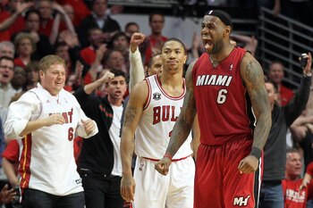 CHICAGO, IL - MAY 26:  LeBron James #6 of the Miami Heat celebrates after the Heat won 83-80 against Derrick Rose #1 of the Chicago Bulls in Game Five of the Eastern Conference Finals during the 2011 NBA Playoffs on May 26, 2011 at the United Center in Ch