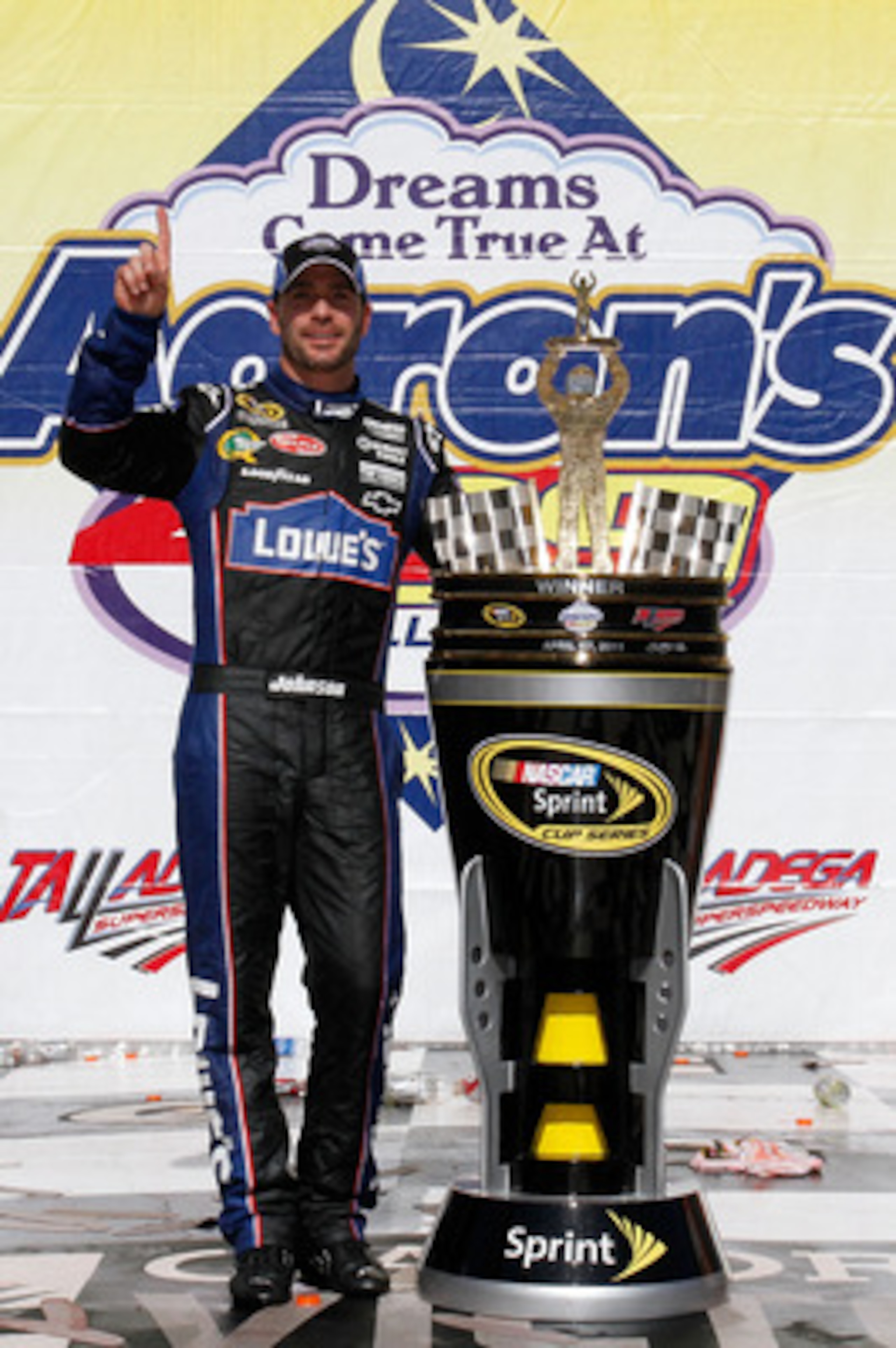 TALLADEGA, AL - APRIL 17: Jimmie Johnson, driver of the #48 Lowe's Chevrolet, poses in Victory Lane after winning the NASCAR Sprint Cup Series Aaron's 499 at Talladega Superspeedway on April 17, 2011 in Talladega, Alabama. (Photo by Jason Smith/Getty Im TALLADEGA, AL - APRIL 17: Jimmie Johnson, driver of the #48 Lowe's Chevrolet, poses in Victory Lane after winning the NASCAR Sprint Cup Series Aaron's 499 at Talladega Superspeedway on April 17, 2011 in Talladega, Alabama. (Photo by Jason Smith/Getty Im