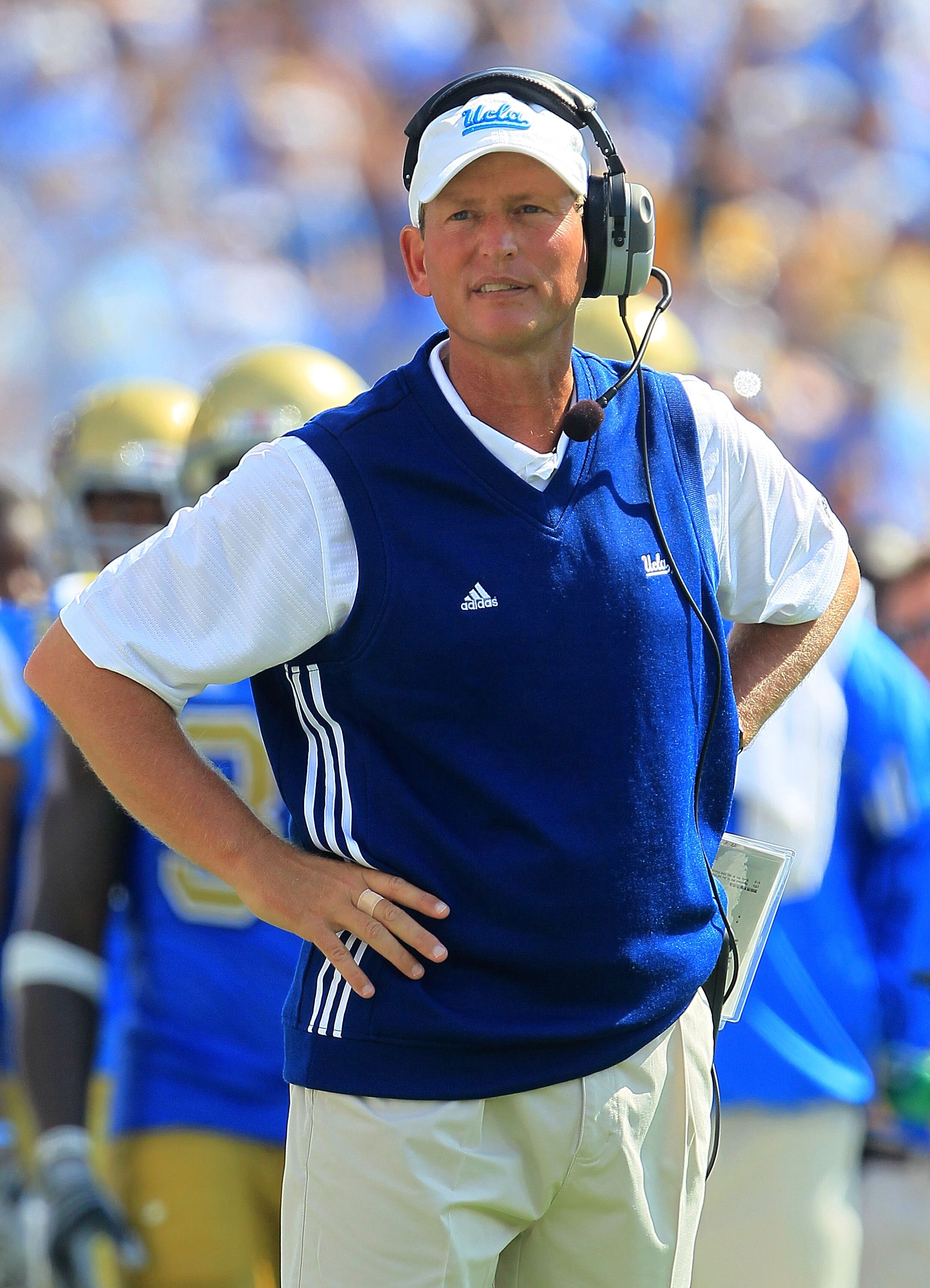 PASADENA, CA - OCTOBER 02:  Head Coach Rick Neuheisel of the UCLA Bruins watches the game against the Washington State Cougars during the game at the Rose Bowl on October 2, 2010 in Pasadena, California. UCLA defeated Washington State 42-28.  (Photo by Je