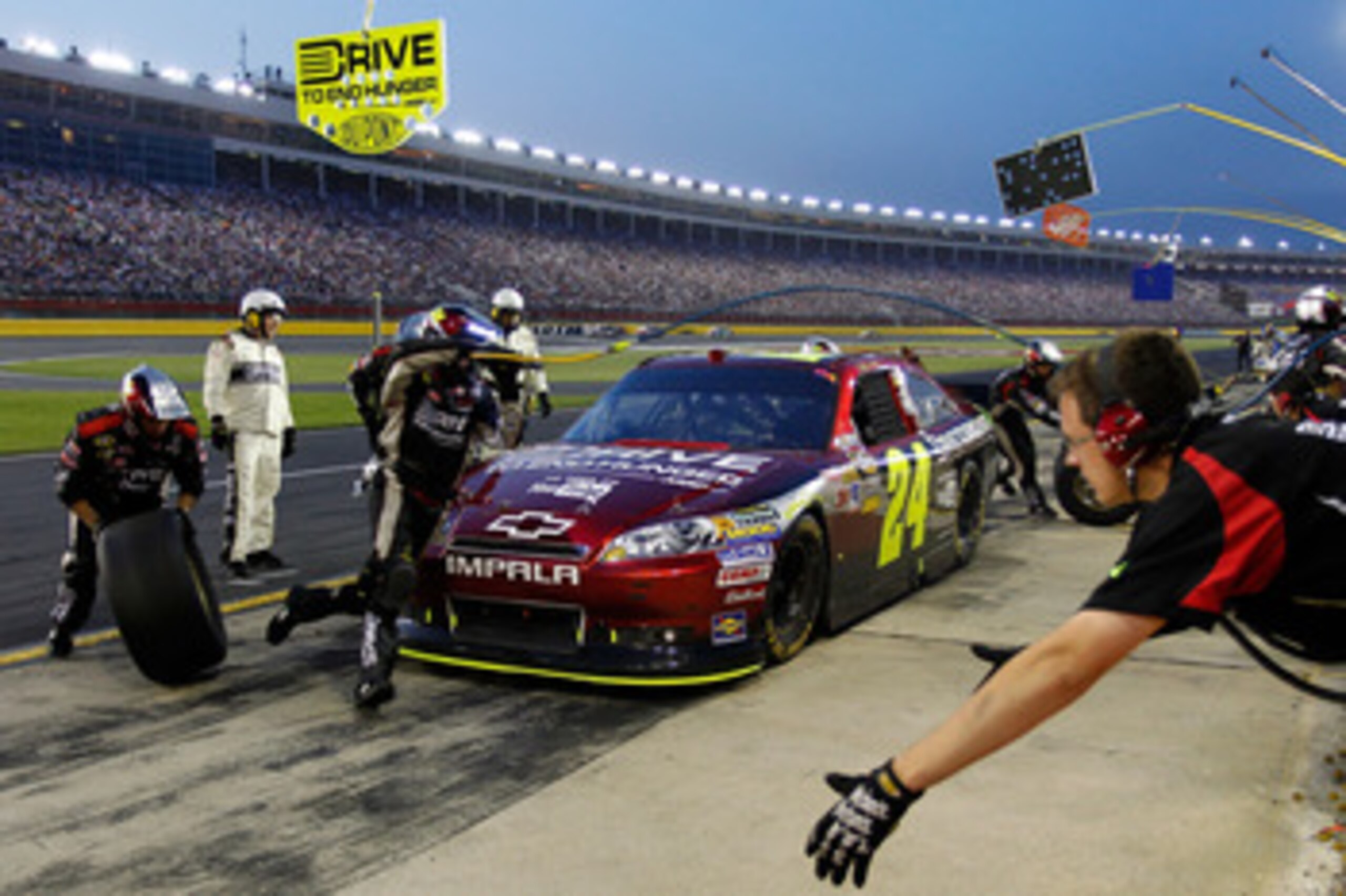 CONCORD, NC - MAY 29: Jeff Gordon, driver of the #24 Drive to End Hunger Chevrolet, pits during the NASCAR Sprint Cup Series Coca-Cola 600 at Charlotte Motor Speedway on May 29, 2011 in Concord, North Carolina.  (Photo by Geoff Burke/Getty Images for NASC
