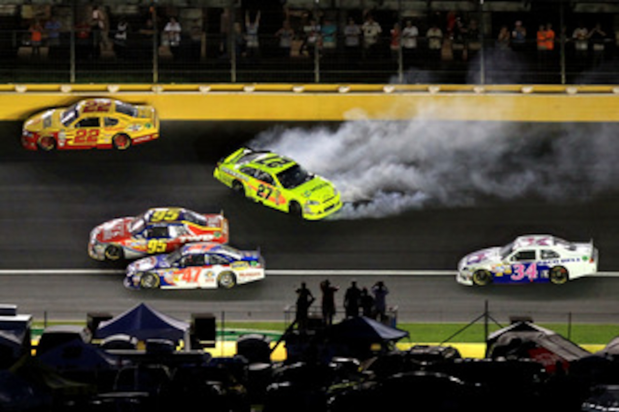 CONCORD, NC - MAY 29:  Paul Menard, driver of the #27 Moen/Menards Chevrolet, spins out during the NASCAR Sprint Cup Series Coca-Cola 600 at Charlotte Motor Speedway on May 29, 2011 in Concord, North Carolina.  (Photo by Streeter Lecka/Getty Images)