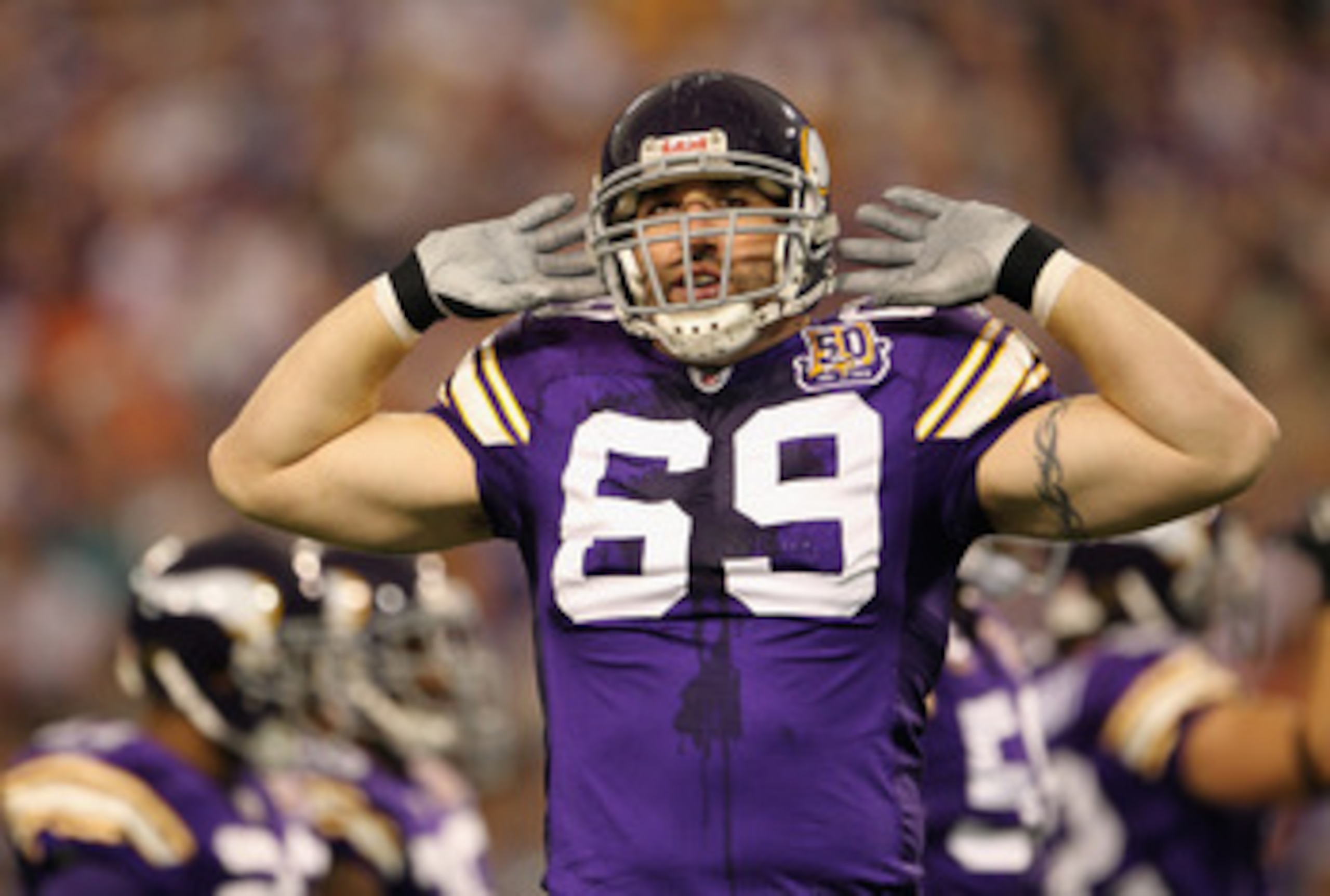 MINNEAPOLIS - SEPTEMBER 19:  Jared Allen #69 of the Minnesota Vikings in action during the game against  of the Miami Dolphins on September 19, 2010 at Hubert H. Humphrey Metrodome in Minneapolis, Minnesota.  (Photo by Jamie Squire/Getty Images)