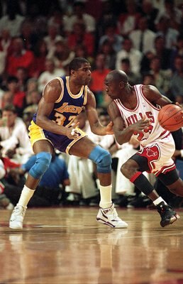 5 Jun 1991: Michael Jordan #23 of the Chicago Bulls dribbles the ball during game two of the NBA Finals against the Los Angeles Lakers. The Bulls defeated the Lakers 107-86.   Mandatory Credit: Jonathan Daniel  /Allsport