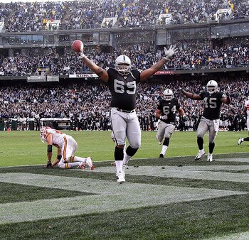 OAKLAND, CA - NOVEMBER 07: Khalif Barnes #69 of the Oakland Raiders celebrates after catching a touchdown against the Kansas City Chiefs during an NFL game at Oakland-Alameda County Coliseum on November 7, 2010 in Oakland, California.  (Photo by Jed Jacob