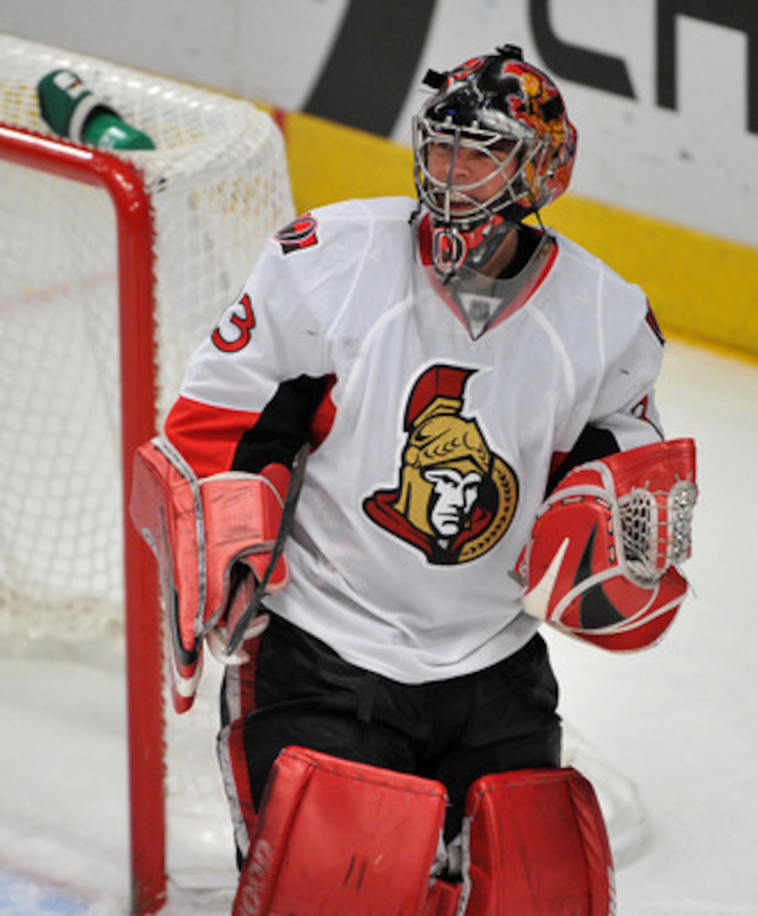 NEW YORK, NY - DECEMBER 5: Pascal Leclaire #33 of the Ottawa Senators  reacts after the Ottawa Senators defeated the New York Rangers 3-1 at Madison Square Garden on December 5, 2010 in New York City. (Photo by Christopher Pasatieri/Getty Images)