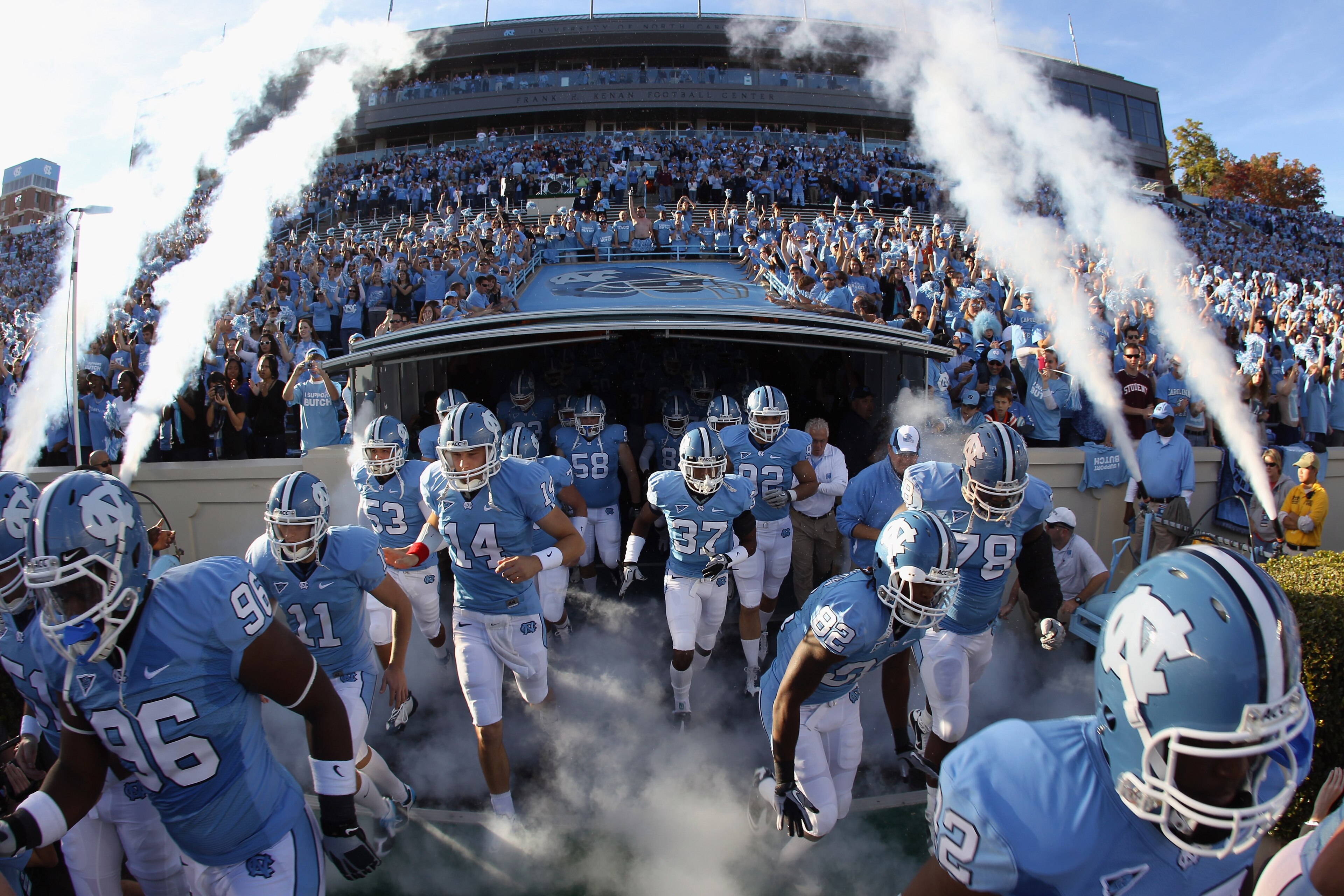 CHAPEL HILL, NC - NOVEMBER 13:  The North Carolina Tar Heels run onto the field before their game against the Virginia Tech Hokies at Kenan Stadium on November 13, 2010 in Chapel Hill, North Carolina.  (Photo by Streeter Lecka/Getty Images)