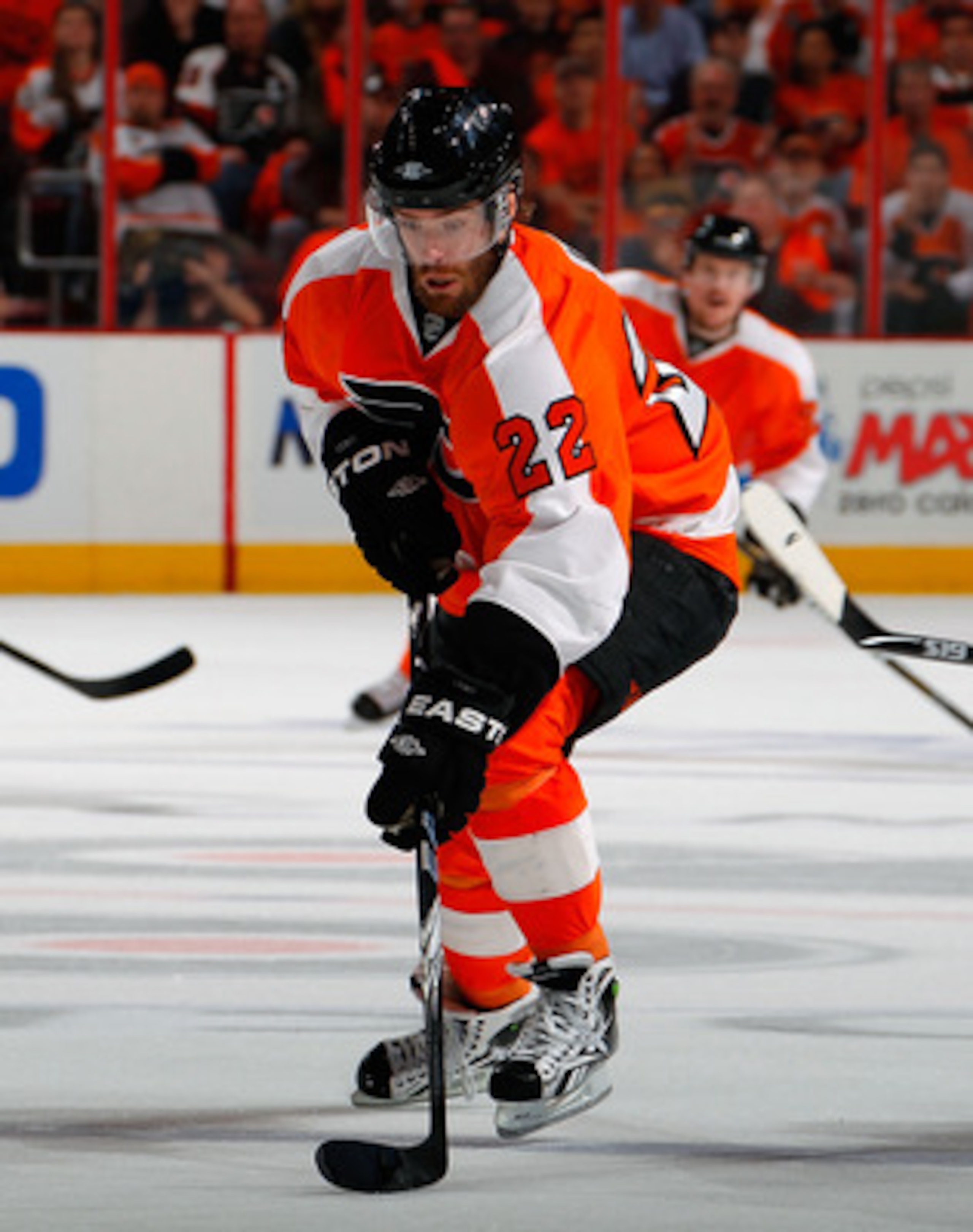 PHILADELPHIA, PA - MAY 02:  Ville Leino #22 of the Philadelphia Flyers skates during Game Two of the Eastern Conference Semifinals against the Boston Bruins during the 2011 NHL Stanley Cup Playoffs at Wells Fargo Center on May 2, 2011 in Philadelphia, Pen