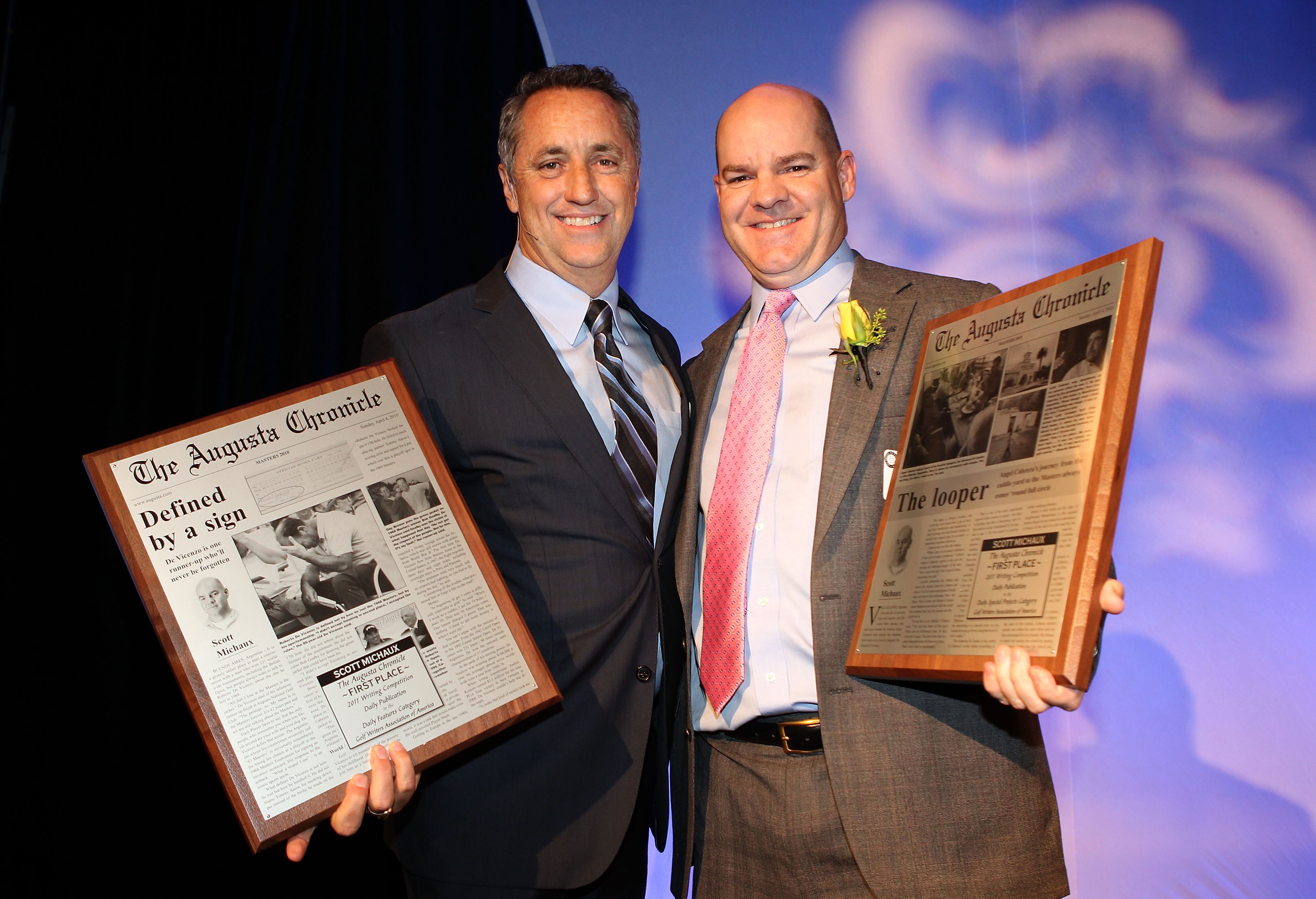 MARTINEZ, GA - APRIL 06:  Rick Reilly (L) and Scott Michaux of the Augusta Chronicle pose during the Golf Writers Association of America 39th Annual Awards Dinner at the Savannah Rapids Pavillion on April 6, 2011 in Martinez, Georgia.  (Photo by Andrew Re